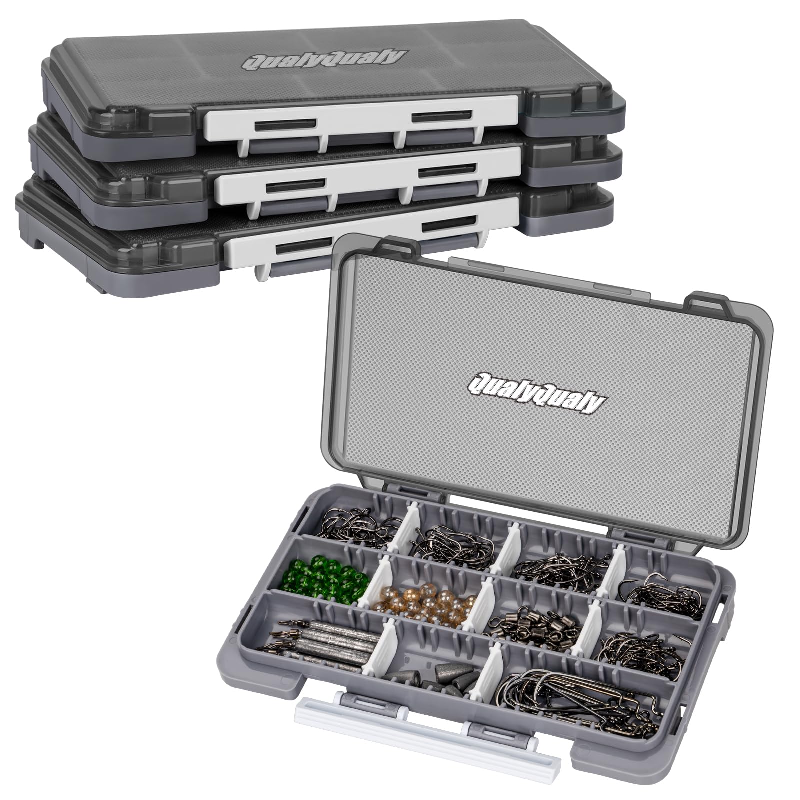 **QualyQualy 4-Pack Small Fishing Tackle Box Organizer with Removable Dividers – 2-in-1 Plastic Storage Box for Fishing Gear, Grey | Perfect for Travel, Camping & Outdoor Adventures**