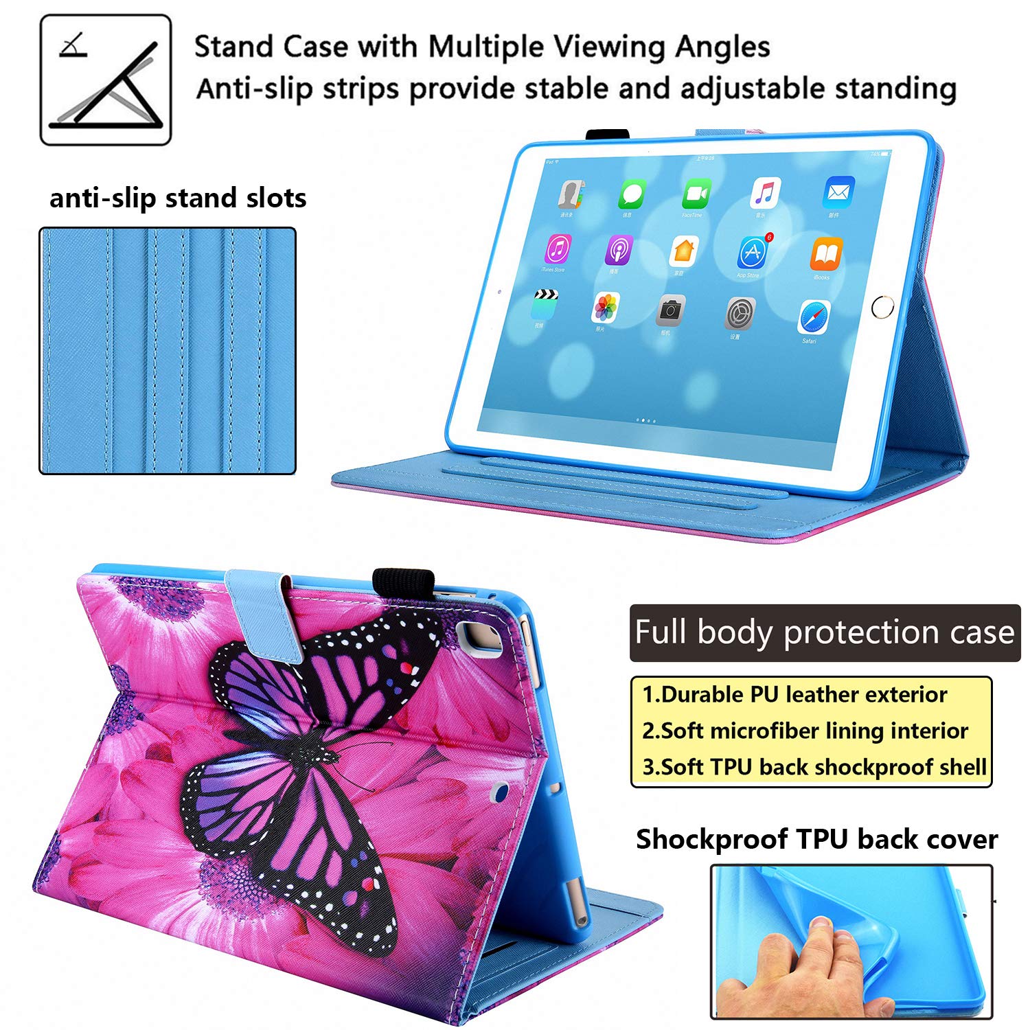 Premium PU Leather Smart Case for Apple iPad 9.7 (2018/2017 iPad 6th/5th Gen, iPad Air 2/Air 1) - Auto Sleep/Wake, Pencil Holder & Stand - Blue Butterfly Flower Design - Perfect for Work, School & Travel