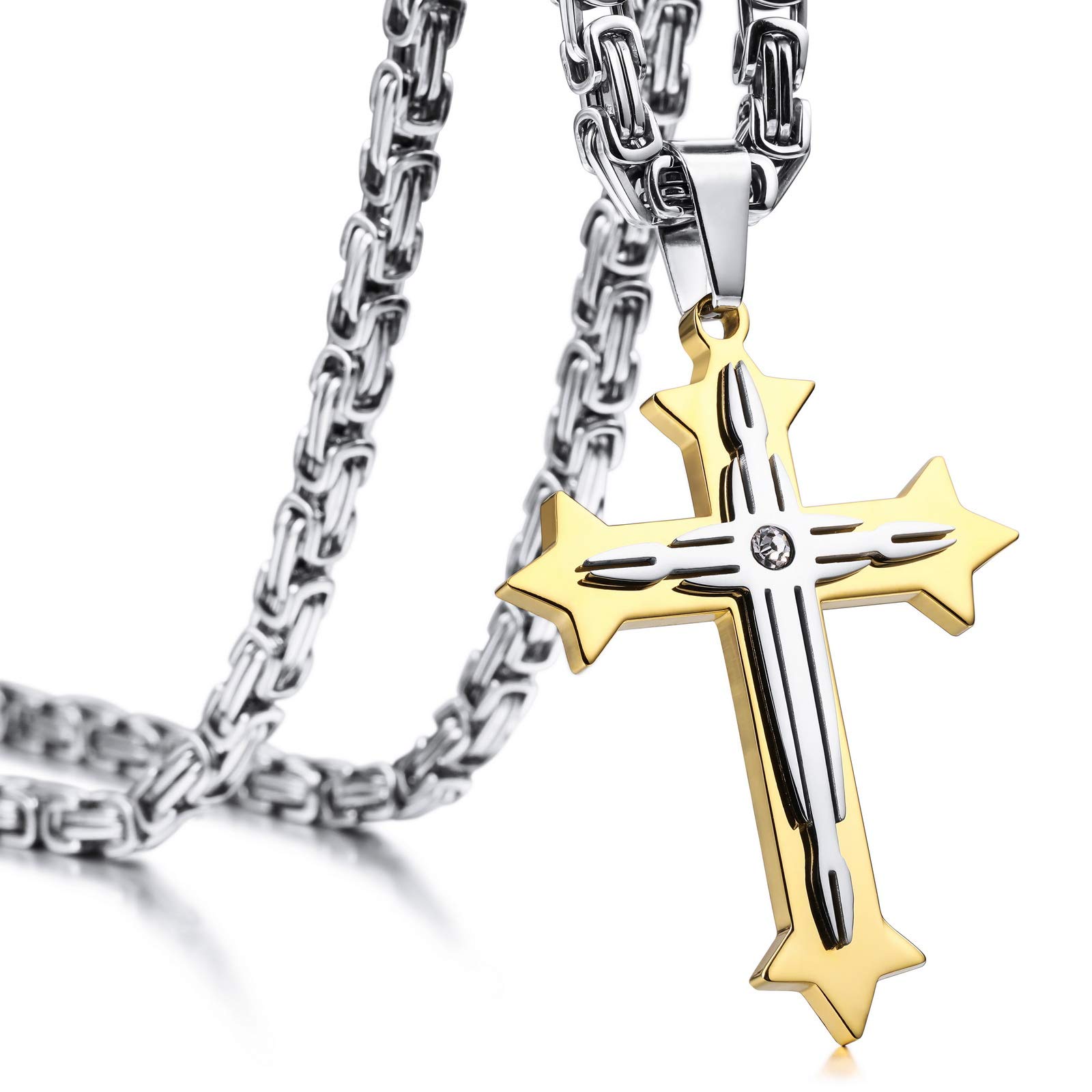 INBLUE Stainless Steel Cross Pendant Necklace for Men & Women - Cubic Zirconia Christian Jewelry with 22/24 inch Byzantine Chain - Faith Gifts for Prayer, Baptism & Daily Wear