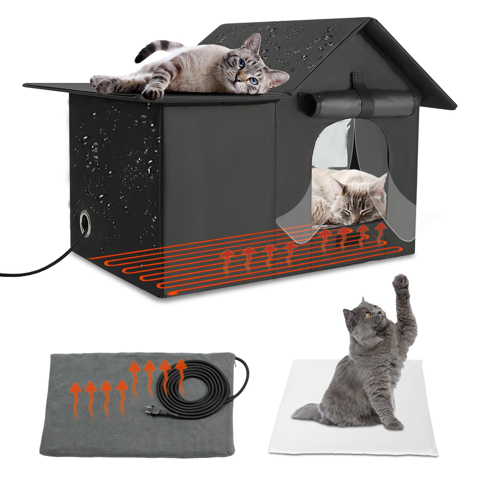 Heated Outdoor Cat House for Winter - Weatherproof Insulated Shelter with 2 Warming Pads | Collapsible Feral Cat Kennel for Stray Cats & Small Animals | Perfect for Backyards, Garages & Cold Weather Protection