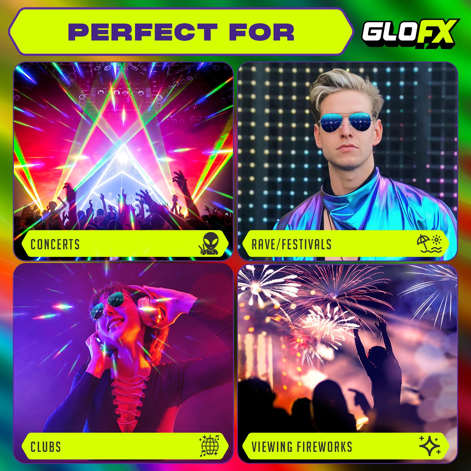 GloFX Diffraction Glasses - Hippie & Pilot Style Metal Frame Sunglasses with Mirror Lens & 3D Prism Rainbow Effect for Music Festivals, Raves, and Light Shows