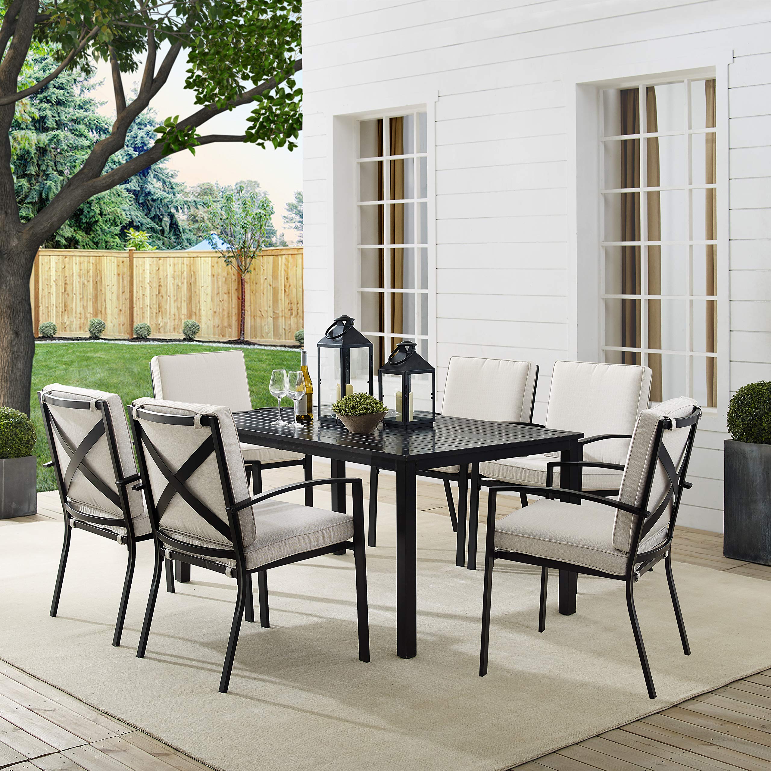 Crosley Furniture Kaplan 7-Piece Outdoor Dining Set for 6 - Patio Table & Chairs with Oiled Bronze Frame & Oatmeal Cushions - Perfect for Backyard, Deck, Garden & Outdoor Entertaining