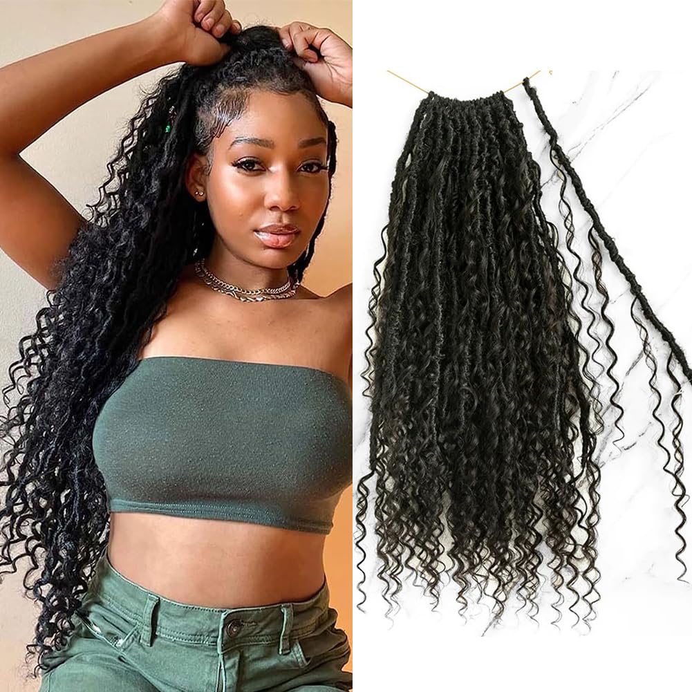 Pre-Looped Crochet Boho Faux Locs with Human Hair Curls | Goddess Crochet Locs with Curly Ends | Soft Dreadlocks Hair for Black Women | Natural Color 18 Inch 3 Packs (72 Locs) | Perfect for Protective Styling, Weddings & Everyday Wear