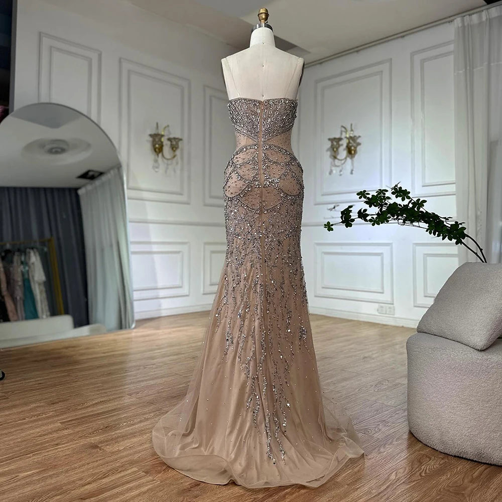 Luxury Dubai Nude Cape Sleeves Beaded Crystal Arabic Evening Dresses Gowns For Women Wedding Party LA72806 - Elegant Formal Gown for Bridal Shower, Red Carpet Events & Special Occasions