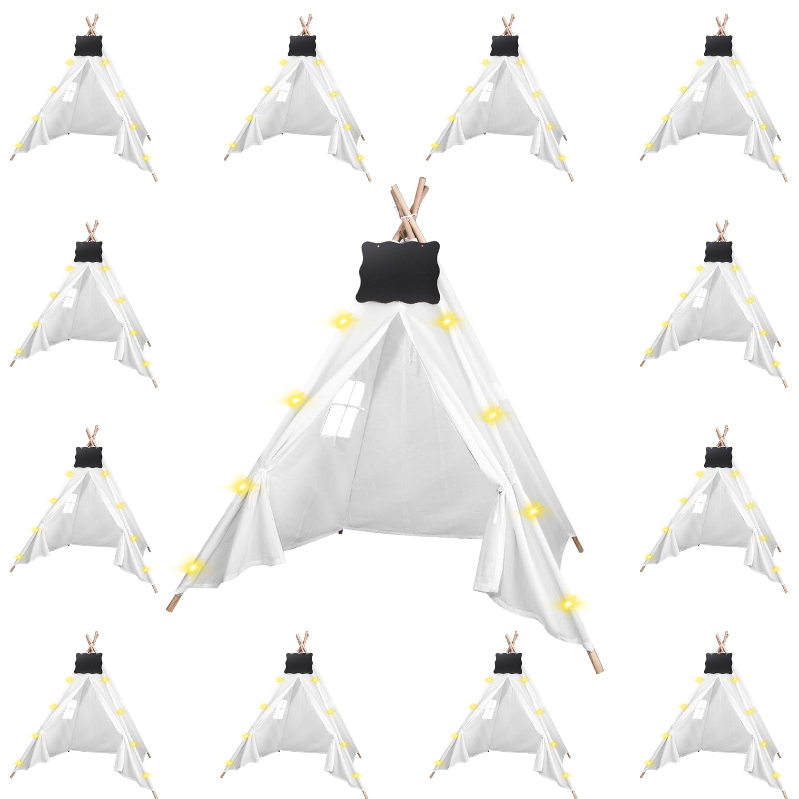12-Piece Teepee Tent Set with Chalkboard & 10FT String Lights - Foldable Indoor/Outdoor Play Tent for Kids, Girls & Boys - Perfect for Birthday Parties, Boho Sleepovers & Nursery Decor (White)