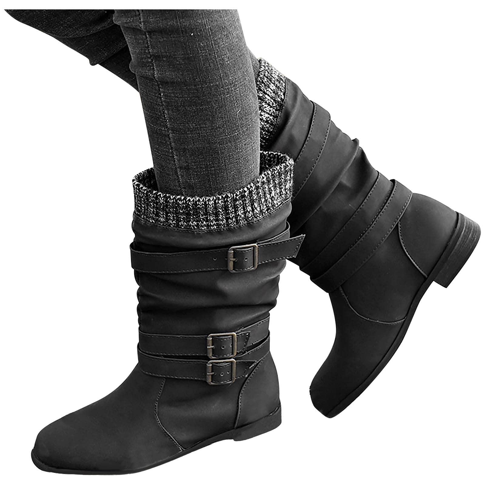oiangi Women's Winter Fashion Boots - Round Toe Buckle Strap Chunky Heel Slip-On Mid Calf Boots - Retro Comfortable Casual Ladies Shoes for Daily Wear, Office & Outings