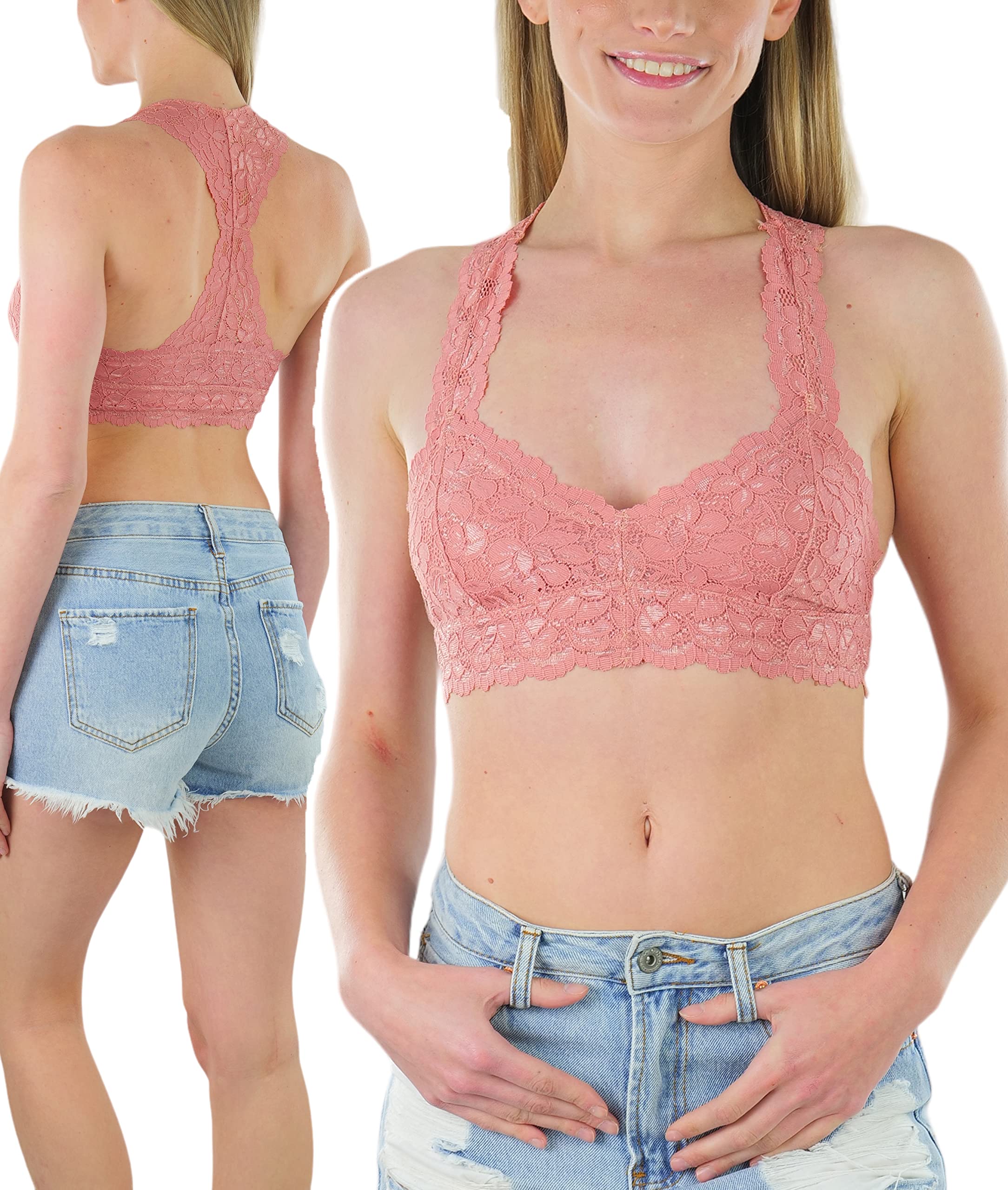 ToBeInStyle Women's Lace Back Bralette - Comfortable Wireless Bralette for Everyday Wear, Yoga, and Lounge
