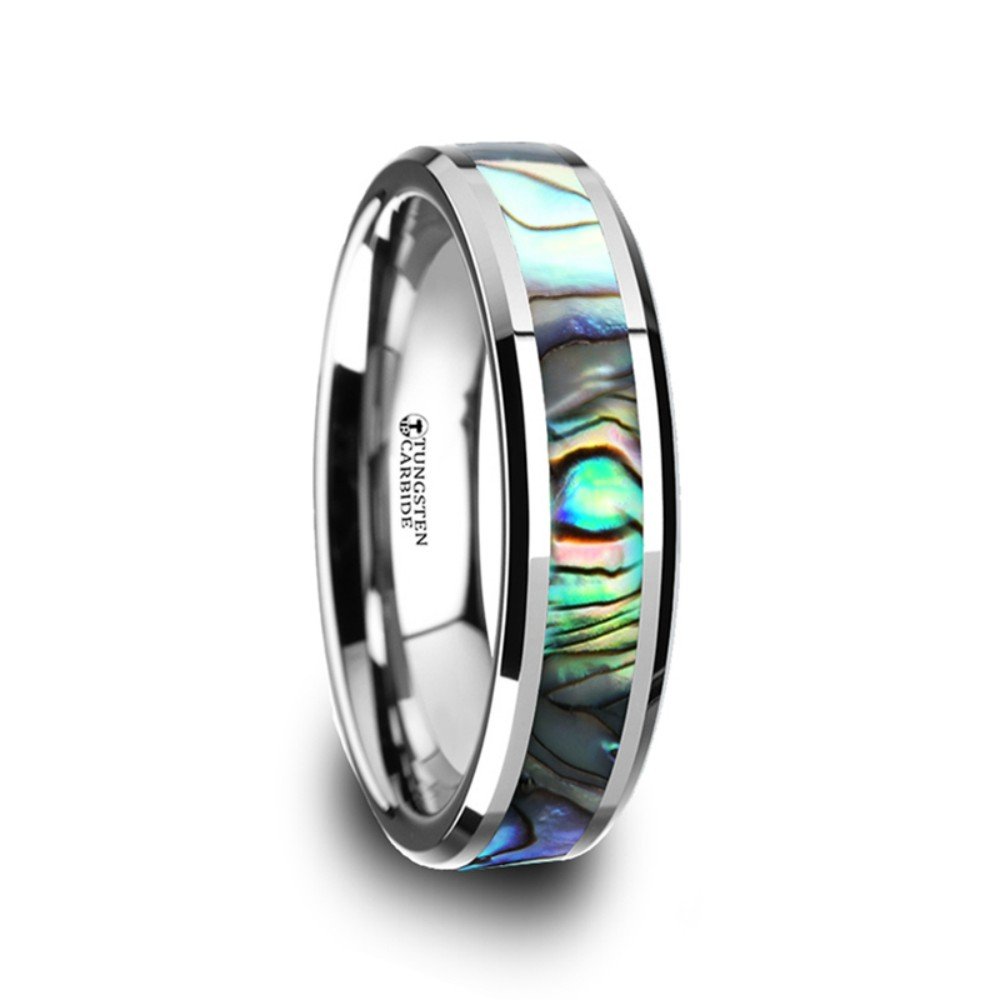 Tungsten Carbide Wedding Band for Men - 6mm Wide MAUI Ring with Mother of Pearl Inlay - Durable Comfort Fit Jewelry for Engagement, Anniversary & Everyday Wear