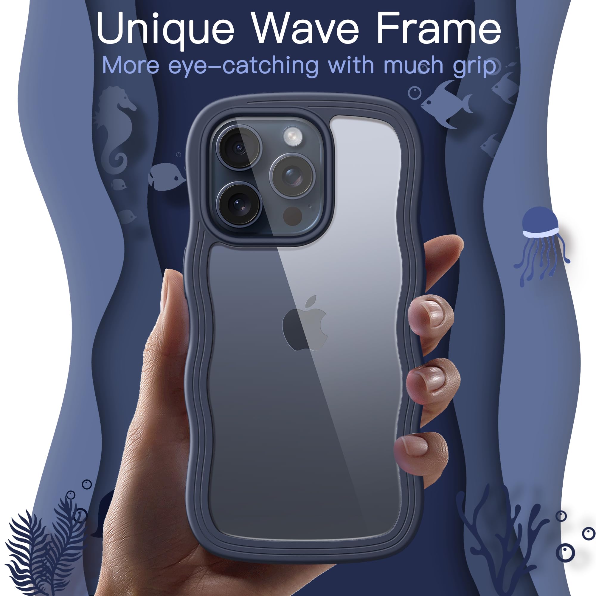JETech Cute Shockproof iPhone 15 Pro Max Case 6.7-Inch - Wave Frame Curly Design Clear Hard PC Back Cover for Women & Girls (Blue Titanium) | Perfect for Daily Use, Travel & Outdoor Protection