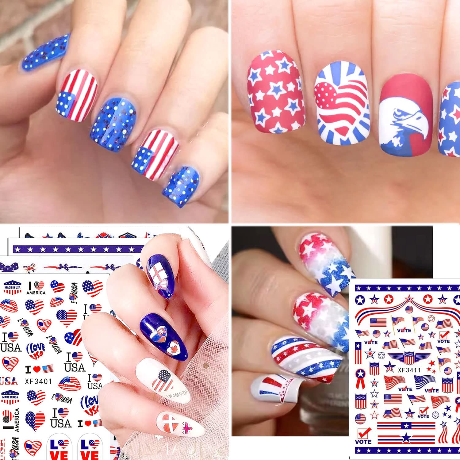 8 Sheets American Flag Nail Stickers - USA Independence Day Nail Decals with Stars, Butterflies & Heart Designs | Nail Art Supplies for Women | Perfect for 4th of July Parties, Patriotic Events & Nail Salon Decorations
