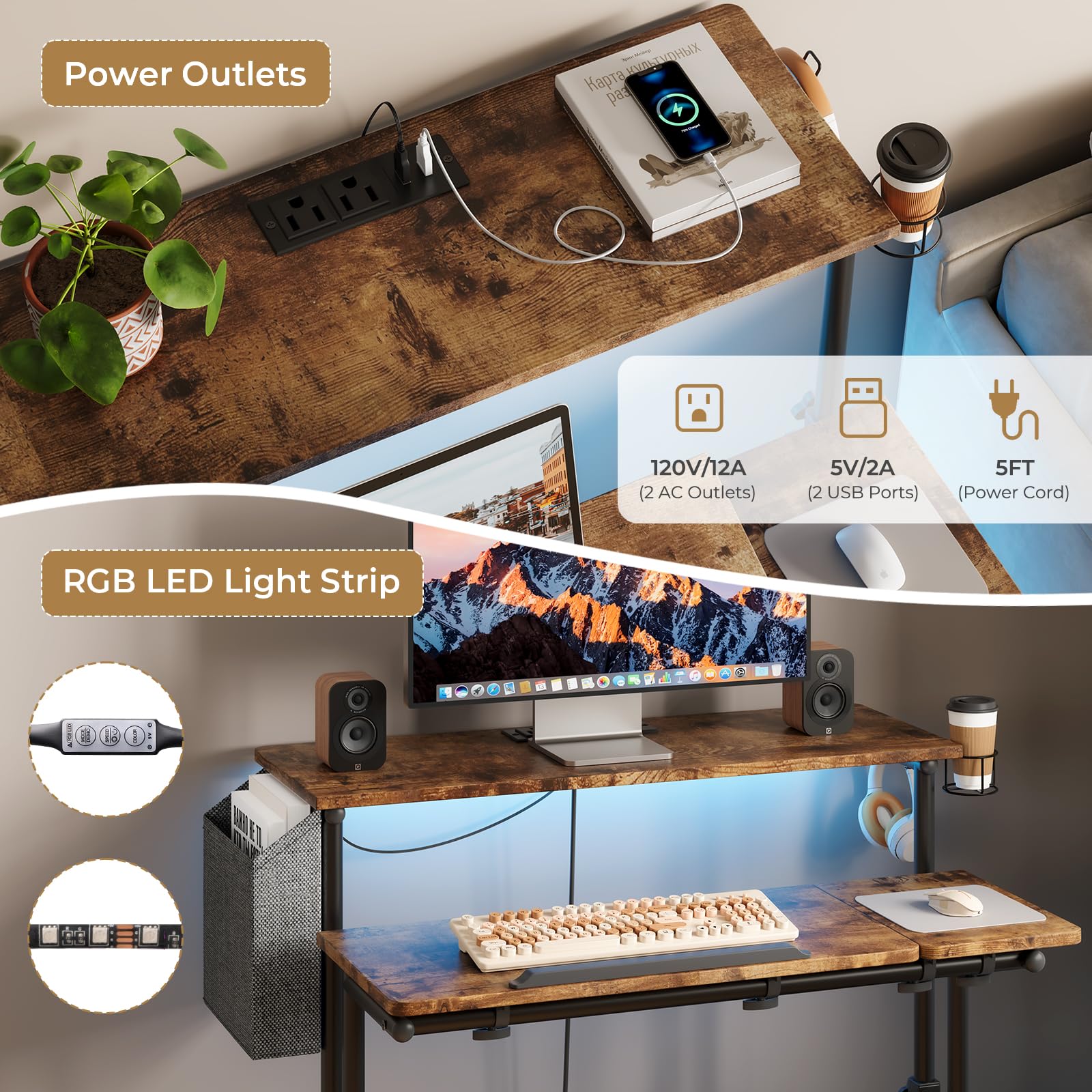Dripex Adjustable Height Mobile Standing Desk with Power Outlets, LED Strip Lights & Storage - Rolling Computer Table with Cup Holder, Hook & Storage Bag - Perfect for Home Office, Gaming & Art Studio Workspaces
