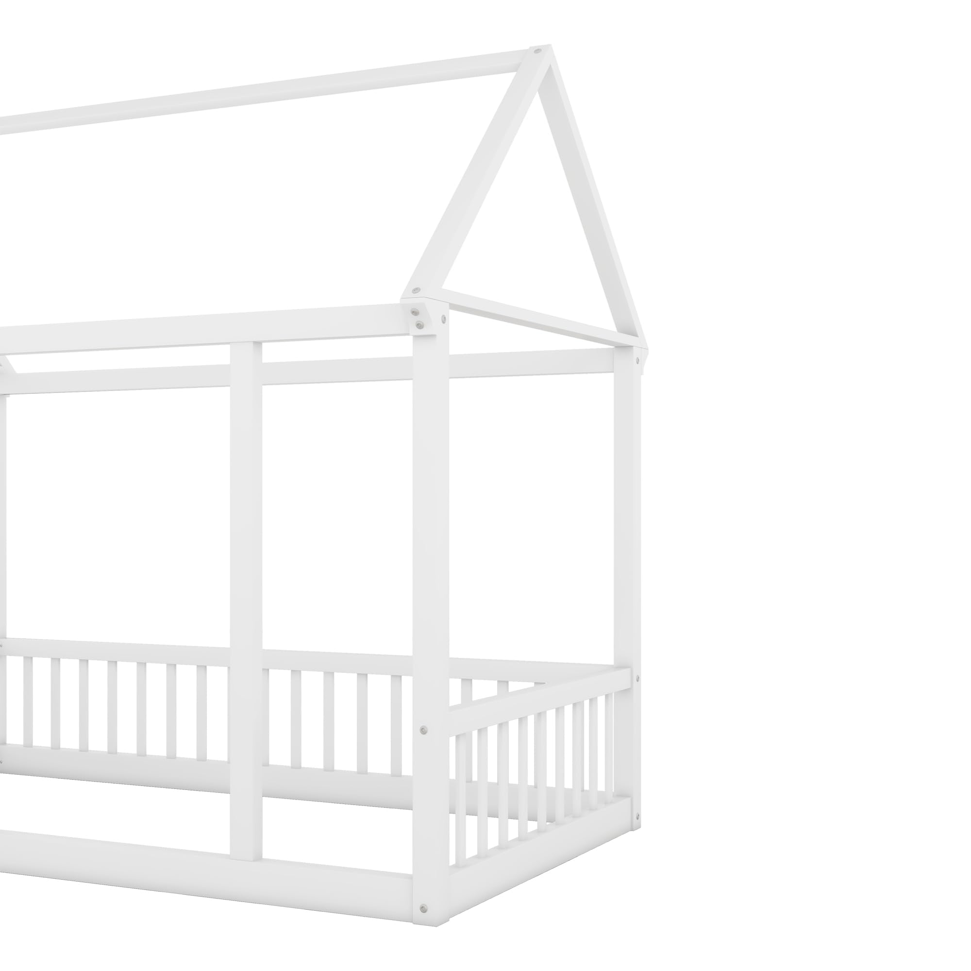 Bellemave Twin Size Wooden House Floor Bed for Kids - Montessori Bed Frame with Safety Fence, Playhouse Design for Boys & Girls - Perfect for Bedrooms, Playrooms & Montessori Learning Spaces (White)