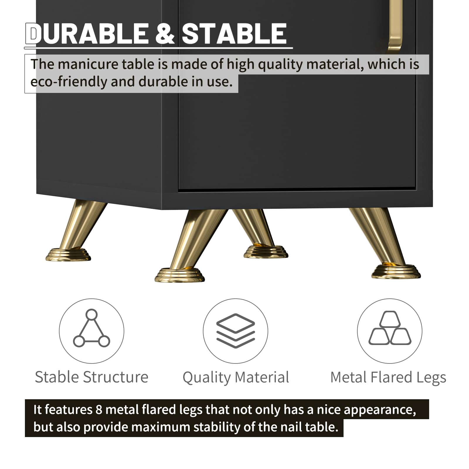 Black Nail Tech Desk with Golden Handles - Professional Salon Table with Extended Drawers & Storage Cabinets - Ergonomic Wrist Cushion for Manicure & Pedicure - Perfect for Nail Salons, Home Studios & Beauty Professionals