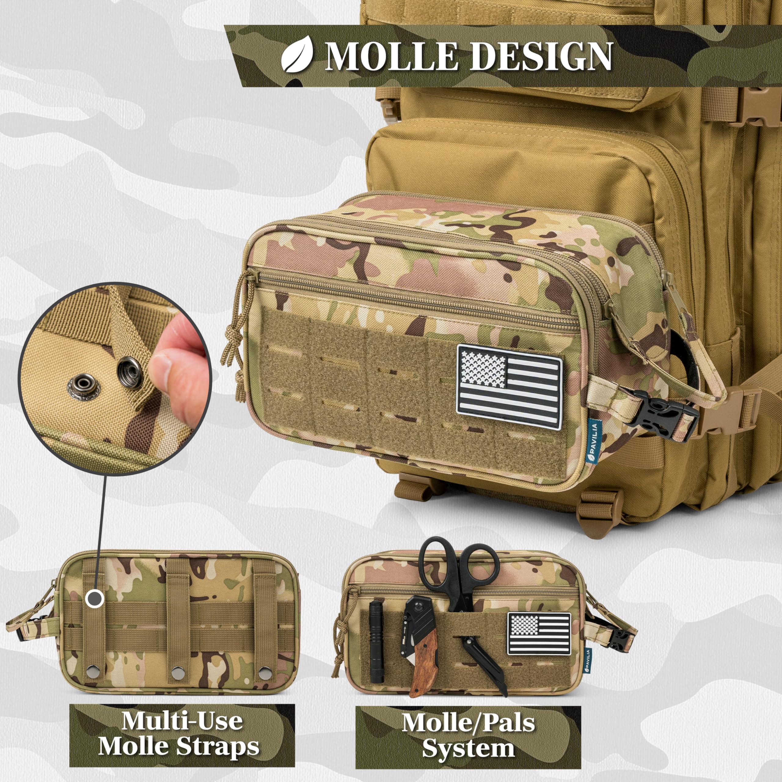 Pavilia Tactical Toiletry Bag for Men - Waterproof Military Dopp Kit with Molle Pouch | Travel Shaving Grooming Essentials Organizer | Compact Bathroom Shower Toiletries Case (Camo) - Perfect for Camping, Gym & Business Trips