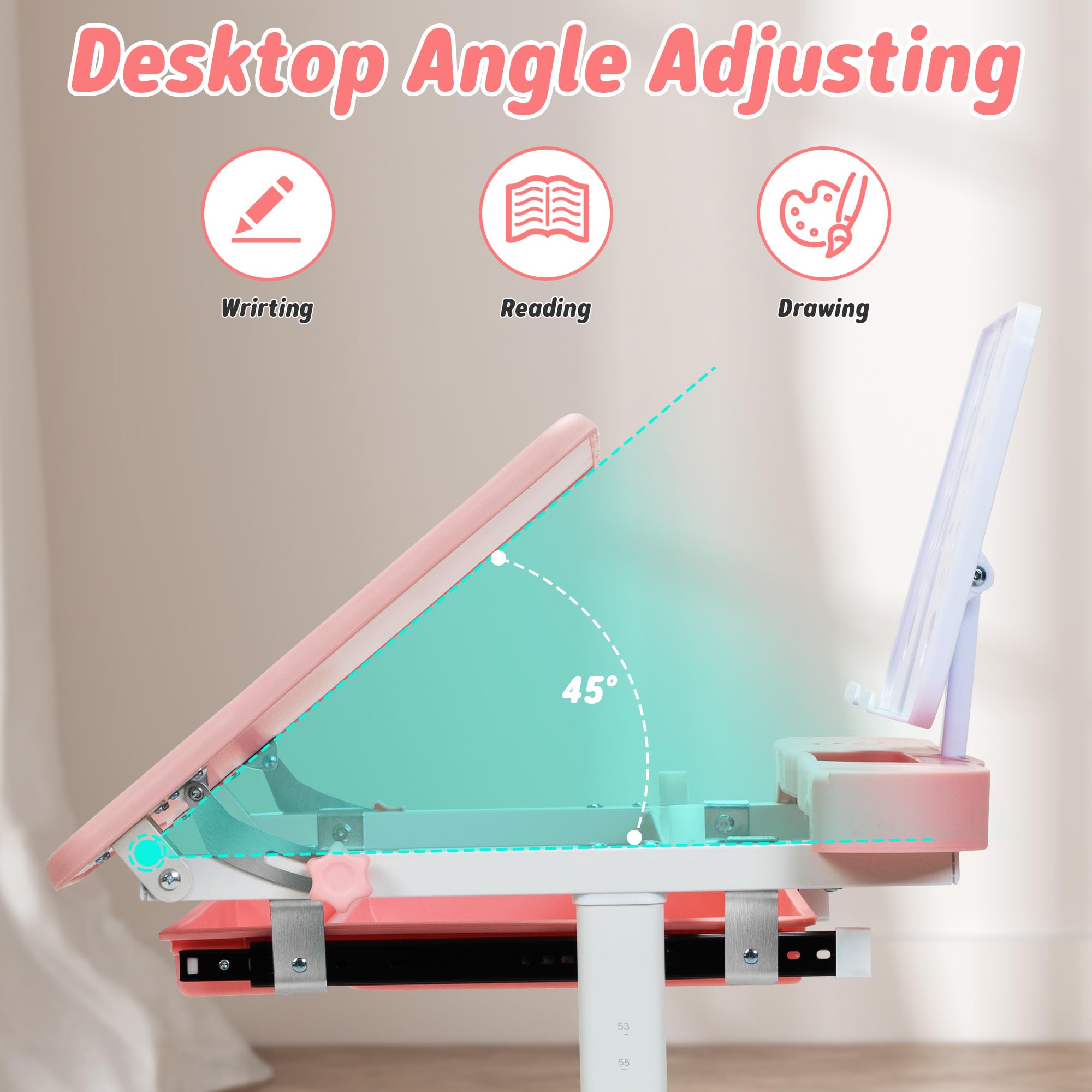Adjustable Height Kids Desk and Chair Set with Storage - Multifunctional Study Desk for Boys & Girls, Tilt Desktop for Reading, Writing & Drawing - Perfect for Homeschooling & Online Learning (Pink)