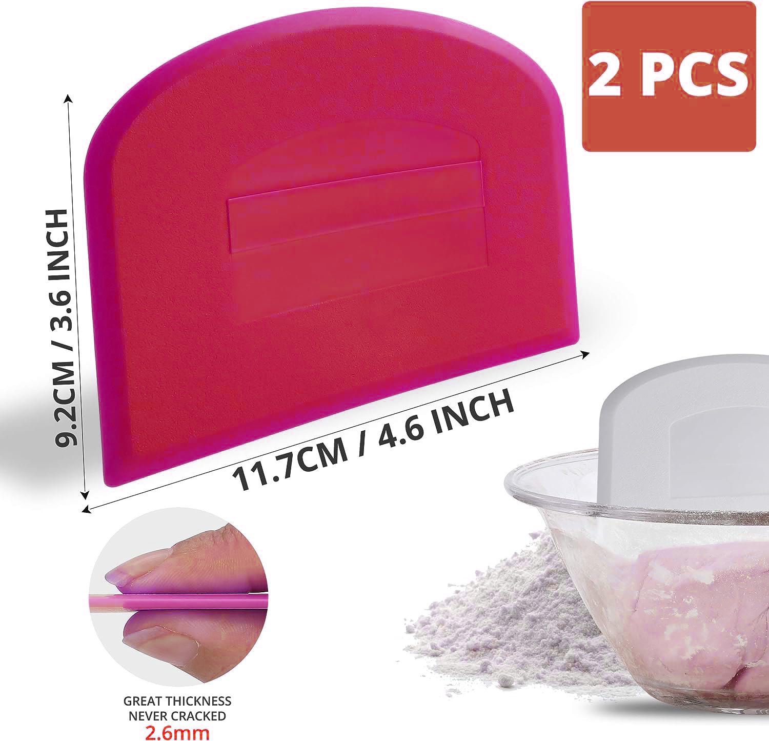 PRODINE Dual-Sided Dough Scraper Set of 2 - Flexible Food-Grade Plastic Bowl Scraper with Measurements for Baking Bread, Pizza, Pastry - Cream Smoother Tool for Bakers (White & Pink) | Perfect for Home Bakers, Professional Kitchens & Cake Decorating