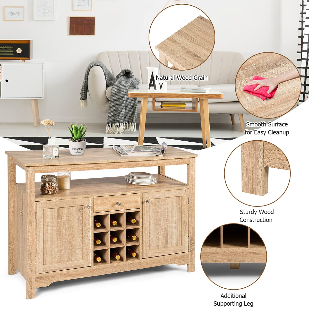 PETSITE Sideboard Buffet Cabinet with Storage - Wine Rack, Open Shelf, 2 Cabinets & Drawer - Wood Accent Coffee Bar Station Console Table for Kitchen, Living Room, Entryway - Perfect for Home Decor, Dining Room Storage & Entertainment Serving