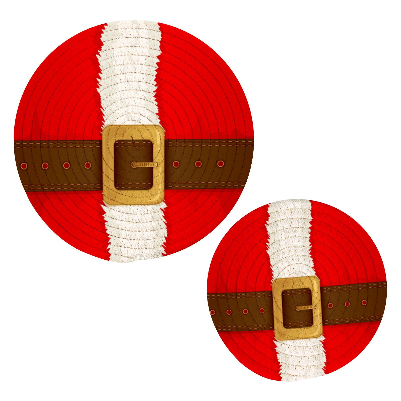 Christmas Belt Buckle Pot Holders - Set of 2 Heat Resistant Cotton Round Kitchen Potholders with Thread Weave Design for Stovetop & Oven Use - Perfect Holiday Home Decor & Coasters for Christmas Dinner Party