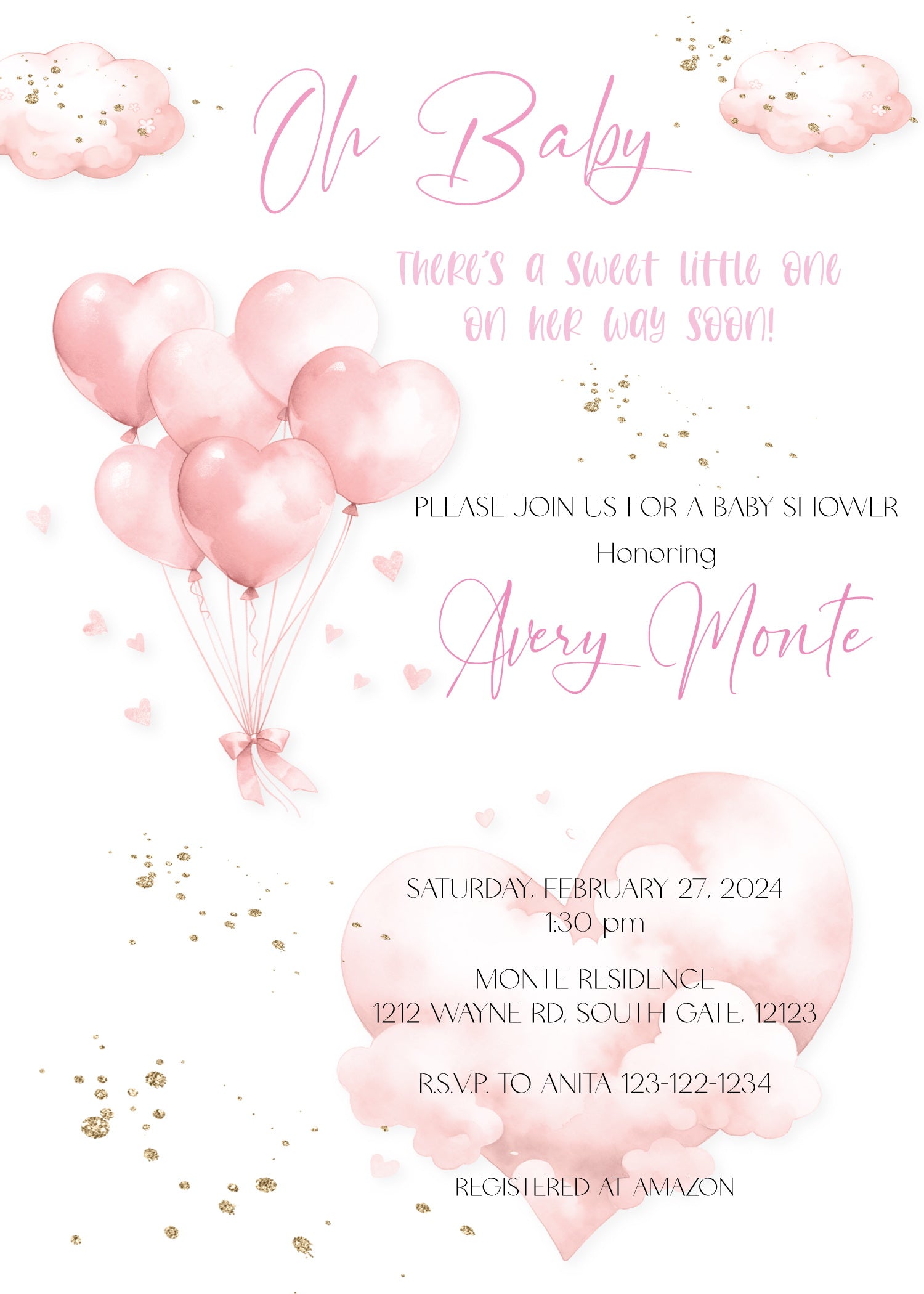 Oh Baby Girl Baby Shower Invitation - Elegant Pink Floral Baby Shower Cards for Girls, Customizable Digital & Printed Invites - Perfect for Gender Reveal, First Birthday & Newborn Celebrations