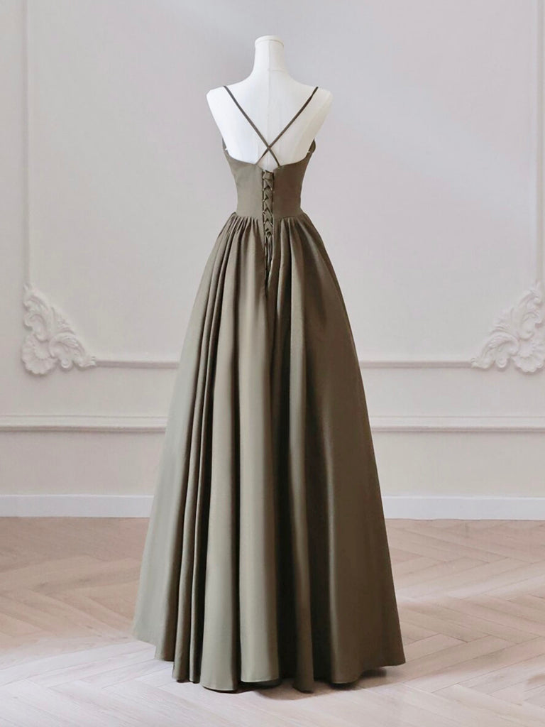 Elegant Olive Green A-Line V-Neck Satin Long Prom Dress for Women | Formal Evening Gown for Homecoming, Wedding Guest & Special Occasions