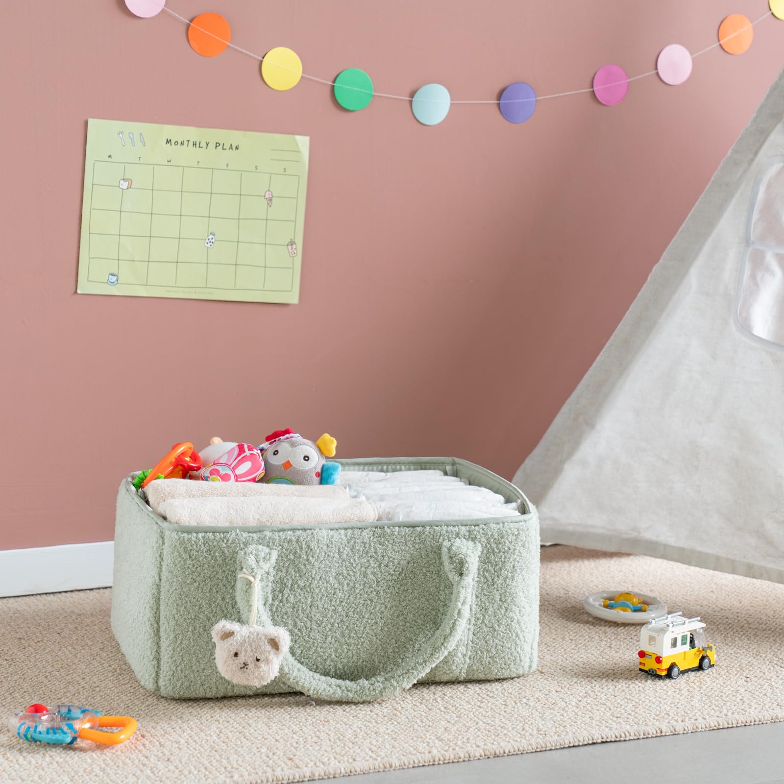 Dahey Baby Diaper Caddy Organizer with Bear - Portable Nursery Storage Basket for Newborn Essentials | Perfect Baby Shower Gift & Registry Stuff | Ideal for Changing Table, Nursery Organization & On-the-Go Diaper Bag (Green)