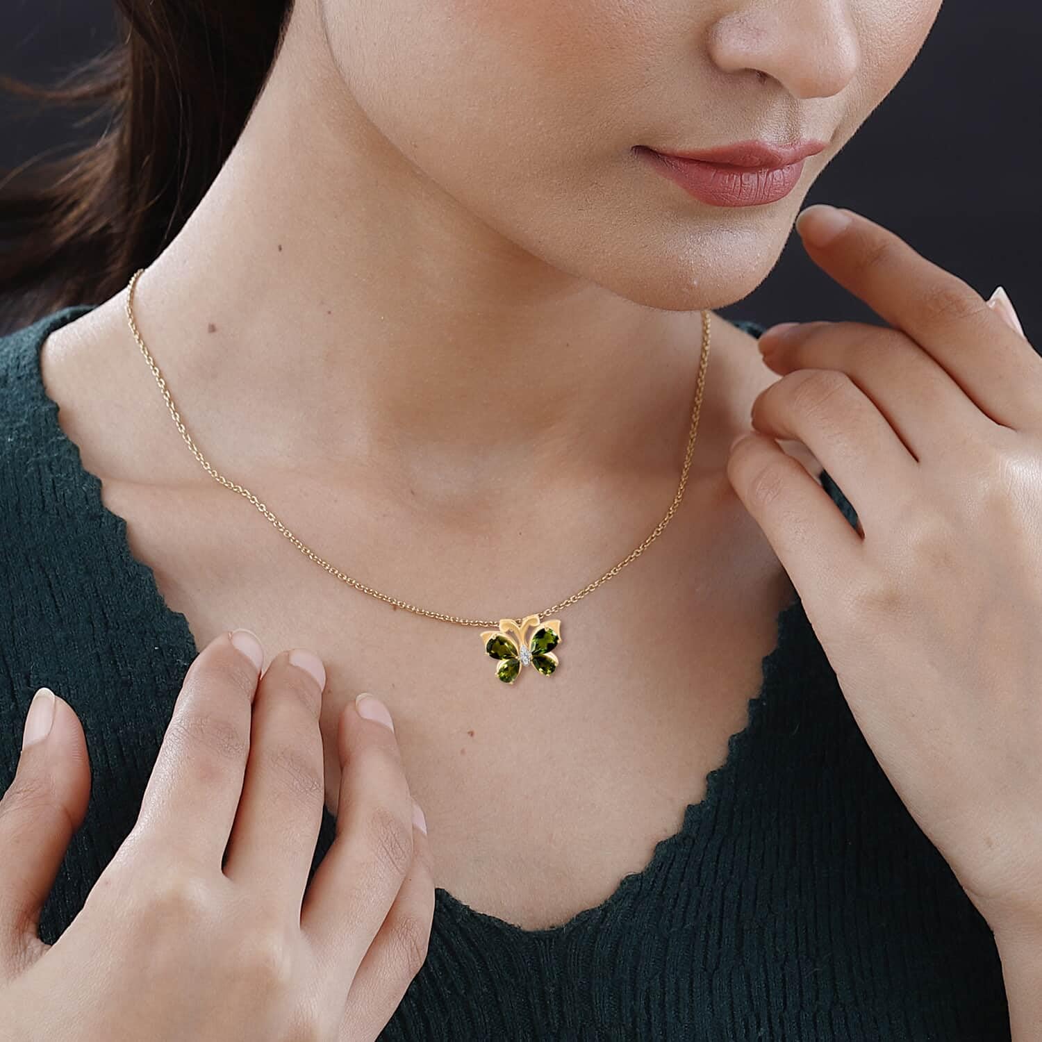 SHOP LC Sterling Silver Moldavite Pendant Necklace with Vermeil Yellow Gold Butterfly - 20