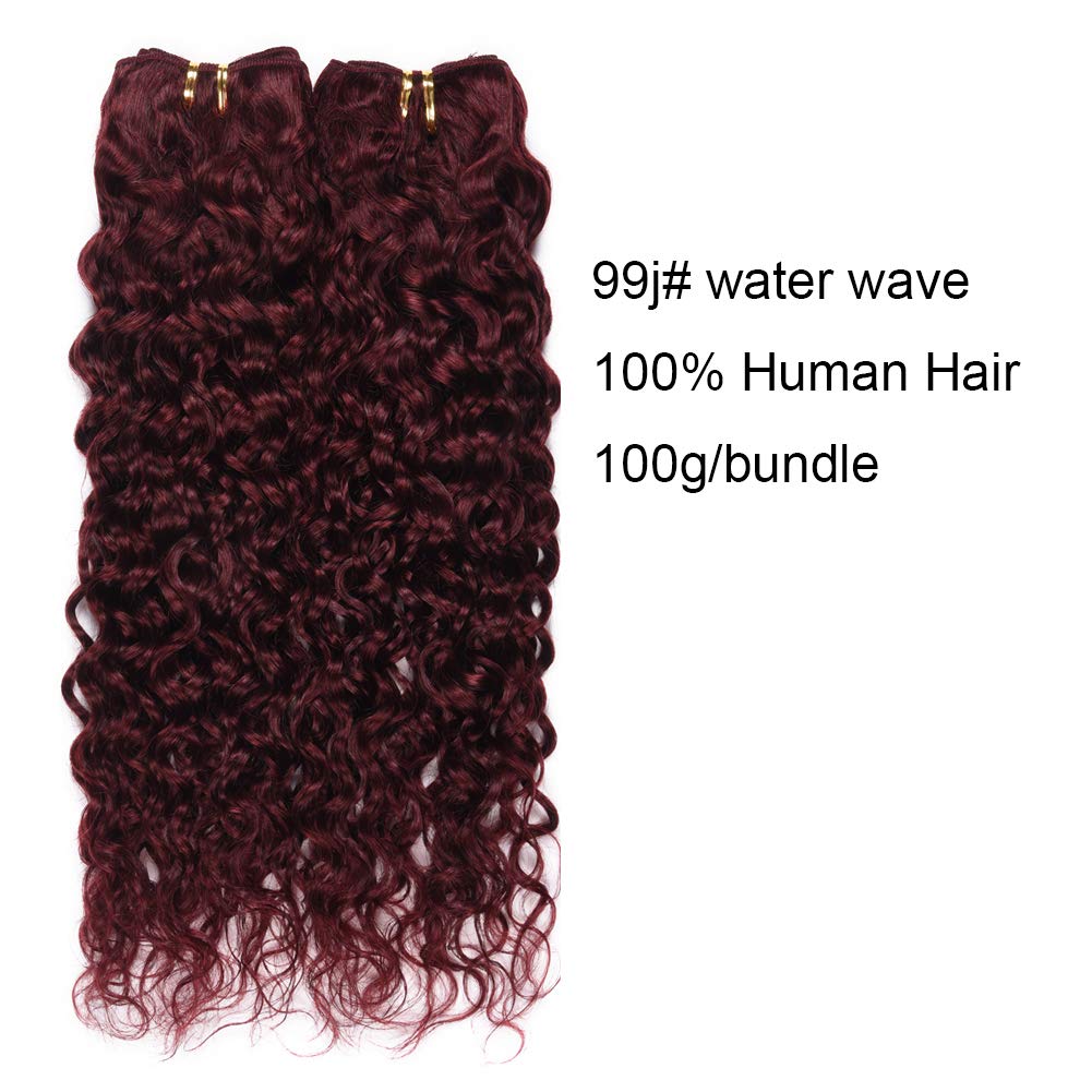 XCCOCO 99j# Burgundy Water Wave 100% Brazilian Virgin Human Hair Bundles (3 Bundles + Lace Closure) - 16/18/20+14inch - Wine Red Wet & Wavy Hair Extensions for Styling, Volume & Length - Perfect for Daily Wear, Parties & Special Occasions