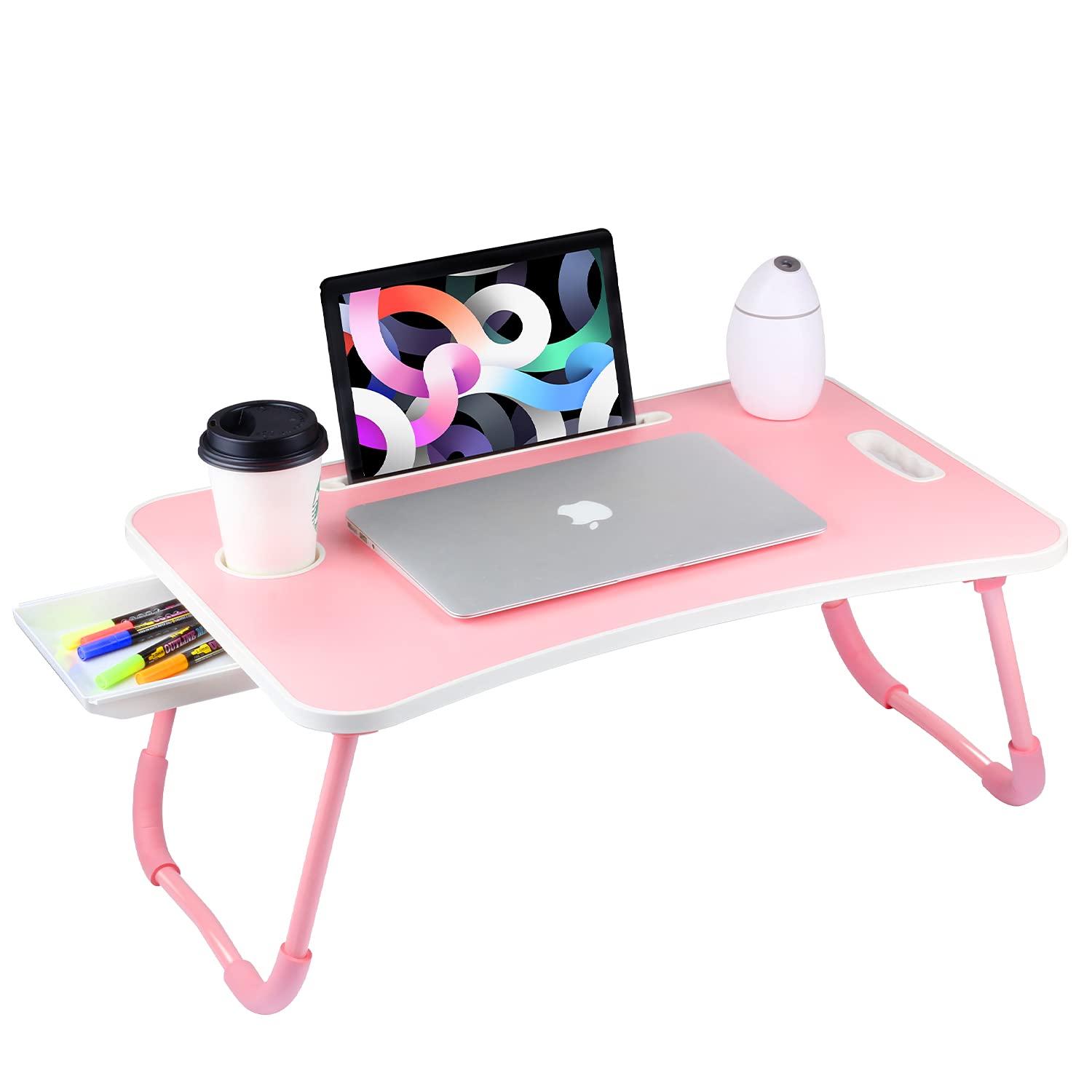 Veramz Foldable Laptop Desk for Bed & Couch - Adjustable Standing Notebook Tray with Storage Drawer & Cup Holder - Portable Workstation for Home Office, Reading, Writing & Dining (Pink)