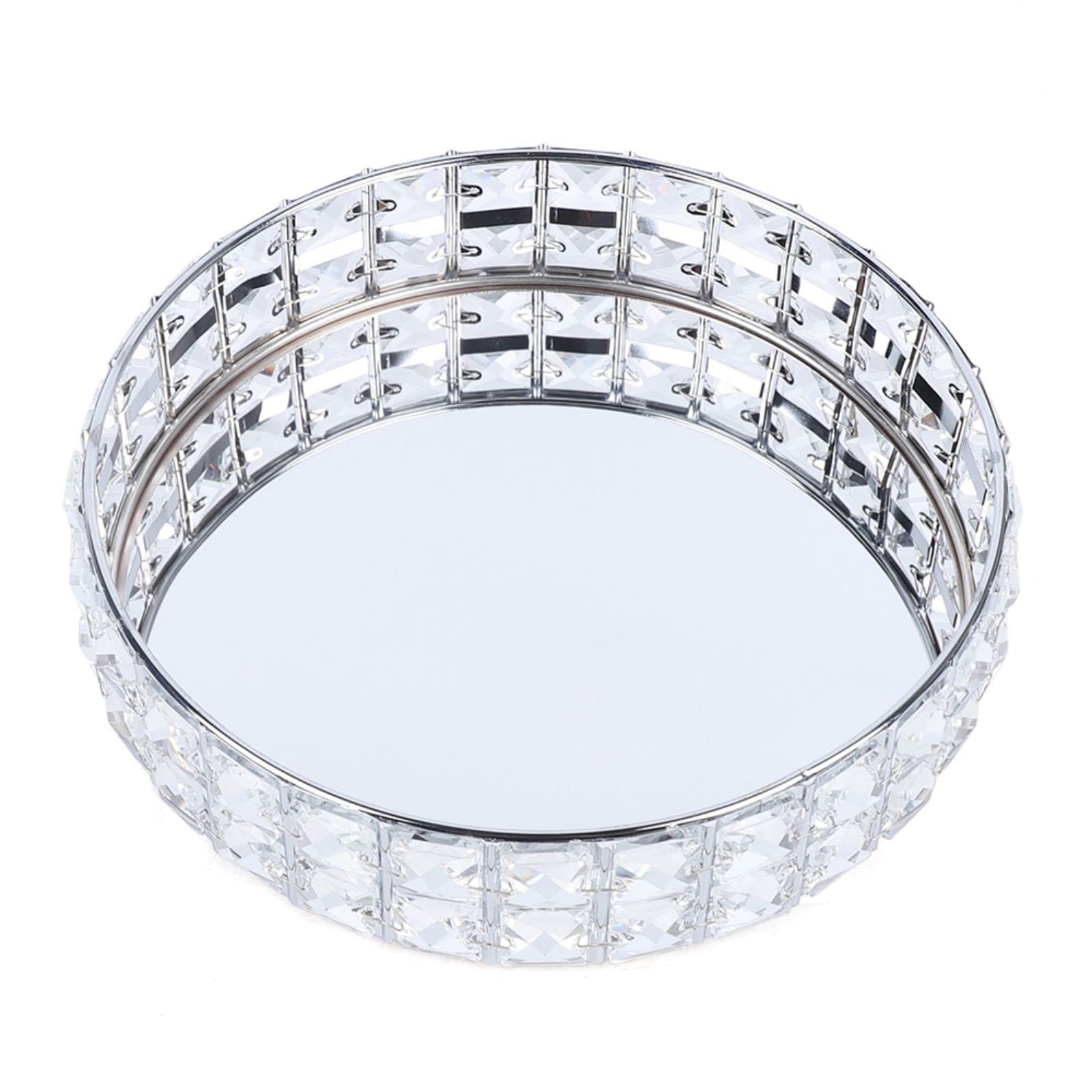 Silver Round Crystal Mirror Tray - Durable Glass Vanity Tray for Cosmetics, Jewelry & Finishing | Decorative Storage Tray for Bedroom, Bathroom & Dining | Perfect for Makeup Organizer, Fruit Display & Home Decor