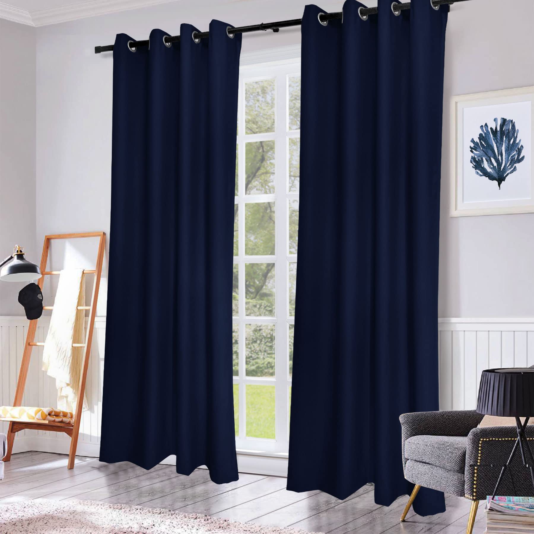 Frelement 100 Inch Wide Blackout Curtains - Thermal Insulated Room Darkening Drapes with Grommet Top for Bedroom, Living Room & Office - Noise Reducing Energy Saving Window Treatment, Navy Blue, 100