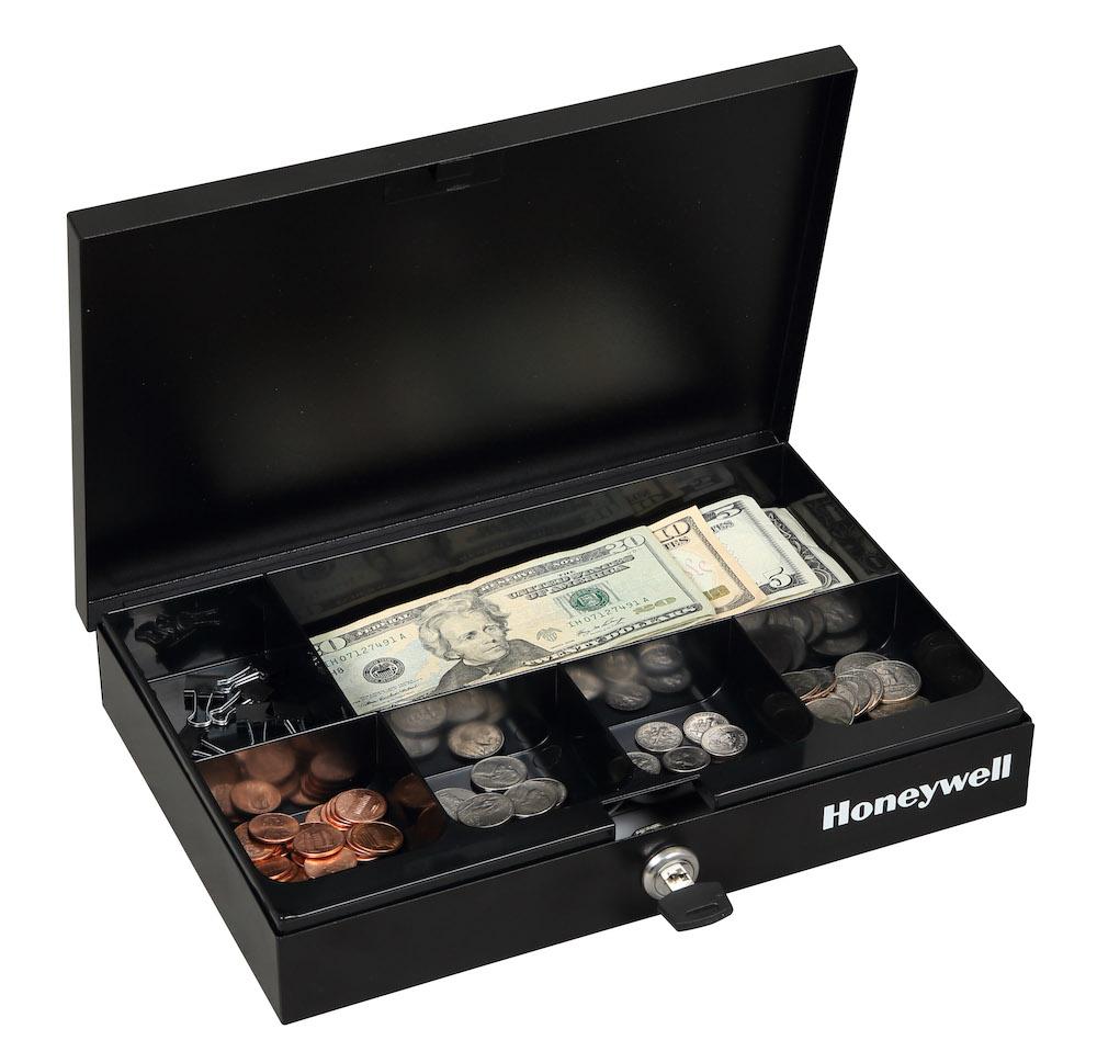 Honeywell 6212 Low Profile Steel Cash Box with Key Lock - Secure Money Storage for Small Business, Retail Store & Home Use