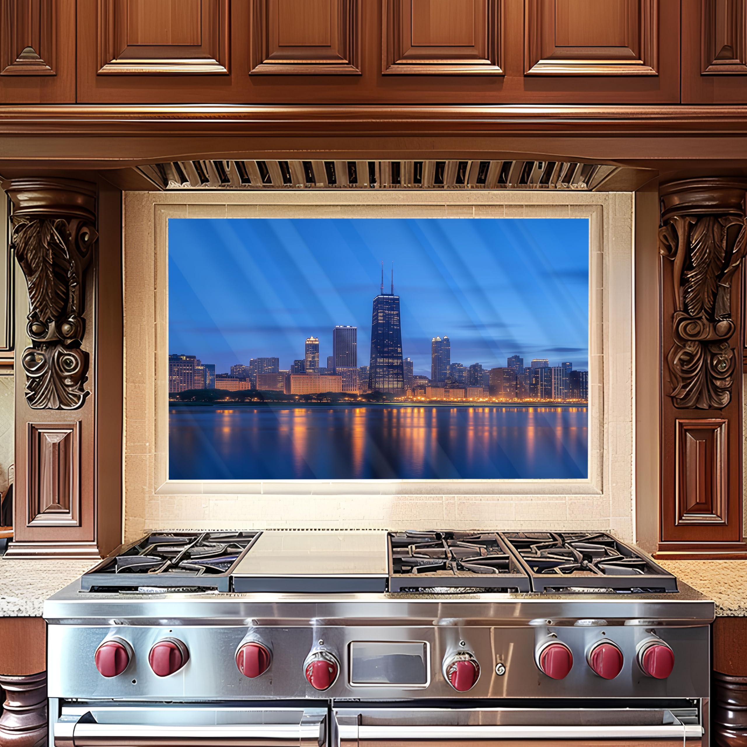 Chicago Skyline Tempered Glass Kitchen Backsplash - Peel and Stick Stove Backsplash, Easy to Clean & Heat Resistant - Perfect for Modern Kitchens, Behind Stove Protection & Stylish Home Decor