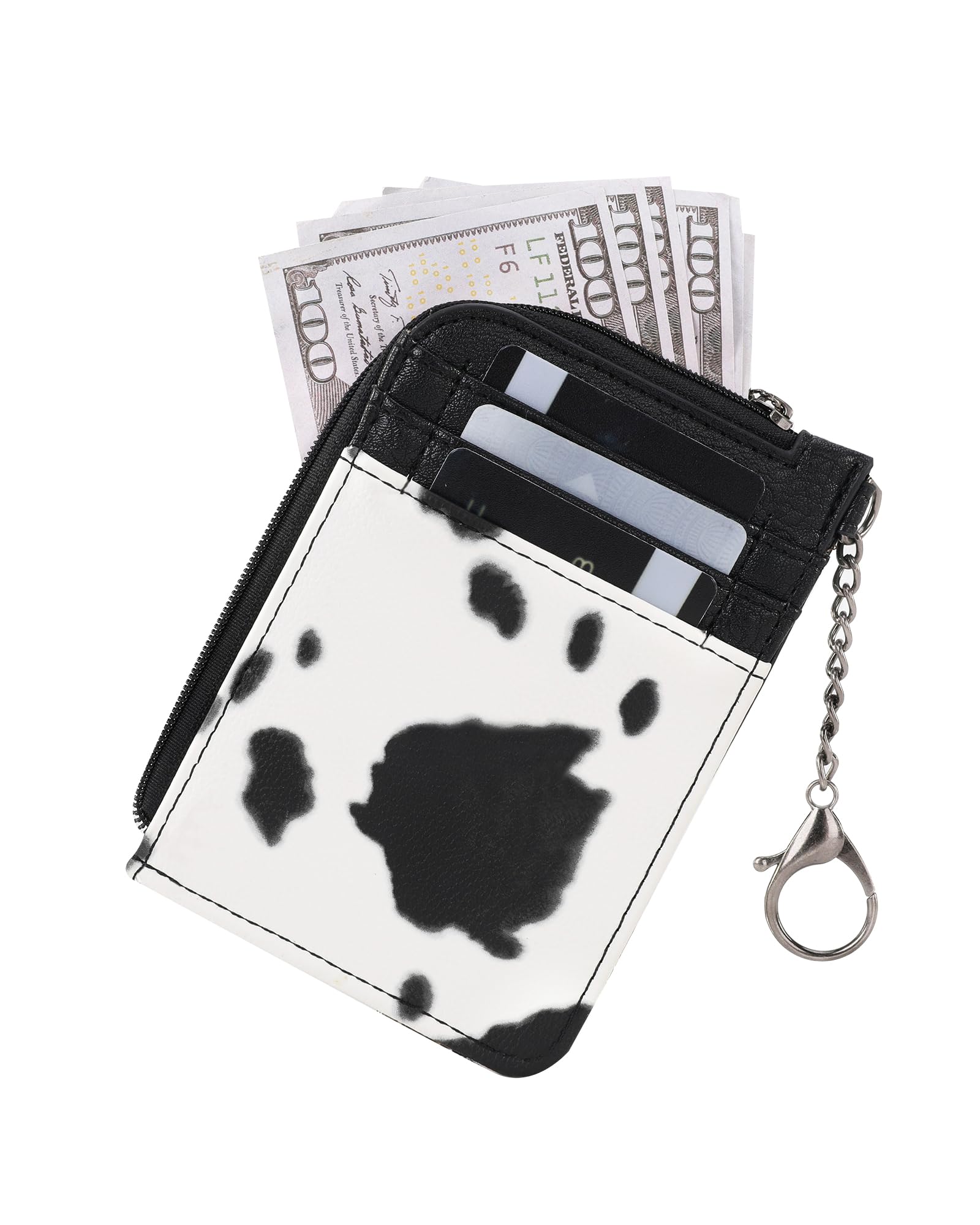 Wrangler Black Cow Print Western Style Women's Slim Wallet - Small Credit Card Holder with Zipper Pocket, Minimalist Keychain Wallet for Everyday Use, Travel & Shopping