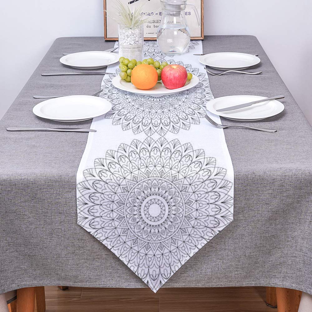 Premium Cotton & Linen Mandala Flower Table Runner - 13x120 Inch Extra Long White Table Scarf for Wedding, Graduation, Banquet Decor | Elegant Dining Table, Buffet, Console & Dresser Decoration