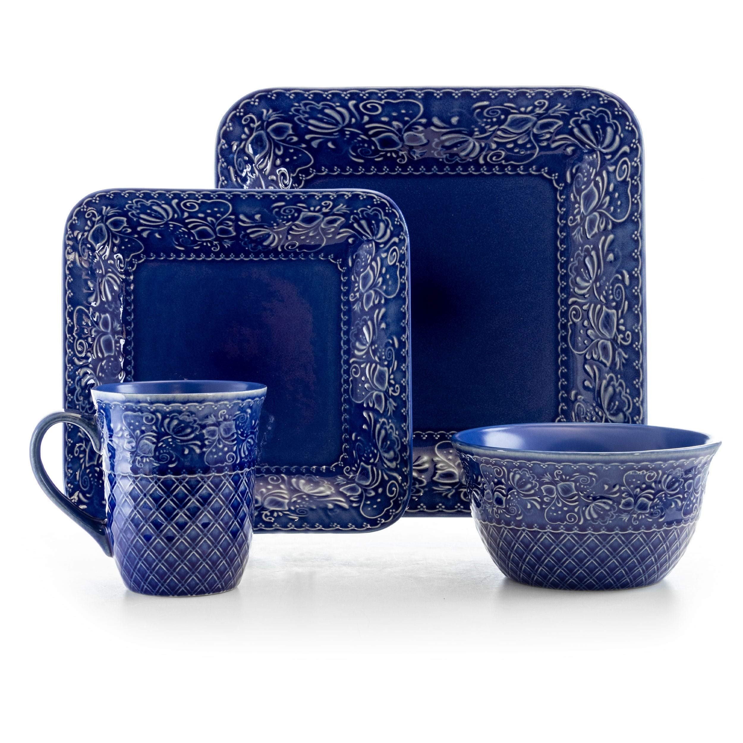 Indigo Lotus 16-Piece Square Stoneware Dinnerware Set - Blue Floral Design, Microwave & Dishwasher Safe - Perfect for Casual Dining, Entertaining & Everyday Use