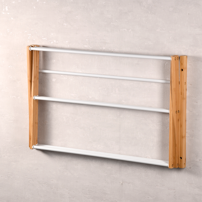 Foldable Wall Mounted Clothes Dryer Rack - Bamboo & Metal Drying Rack for Laundry - Space Saving Clothesline for Apartments, Balconies & Small Spaces