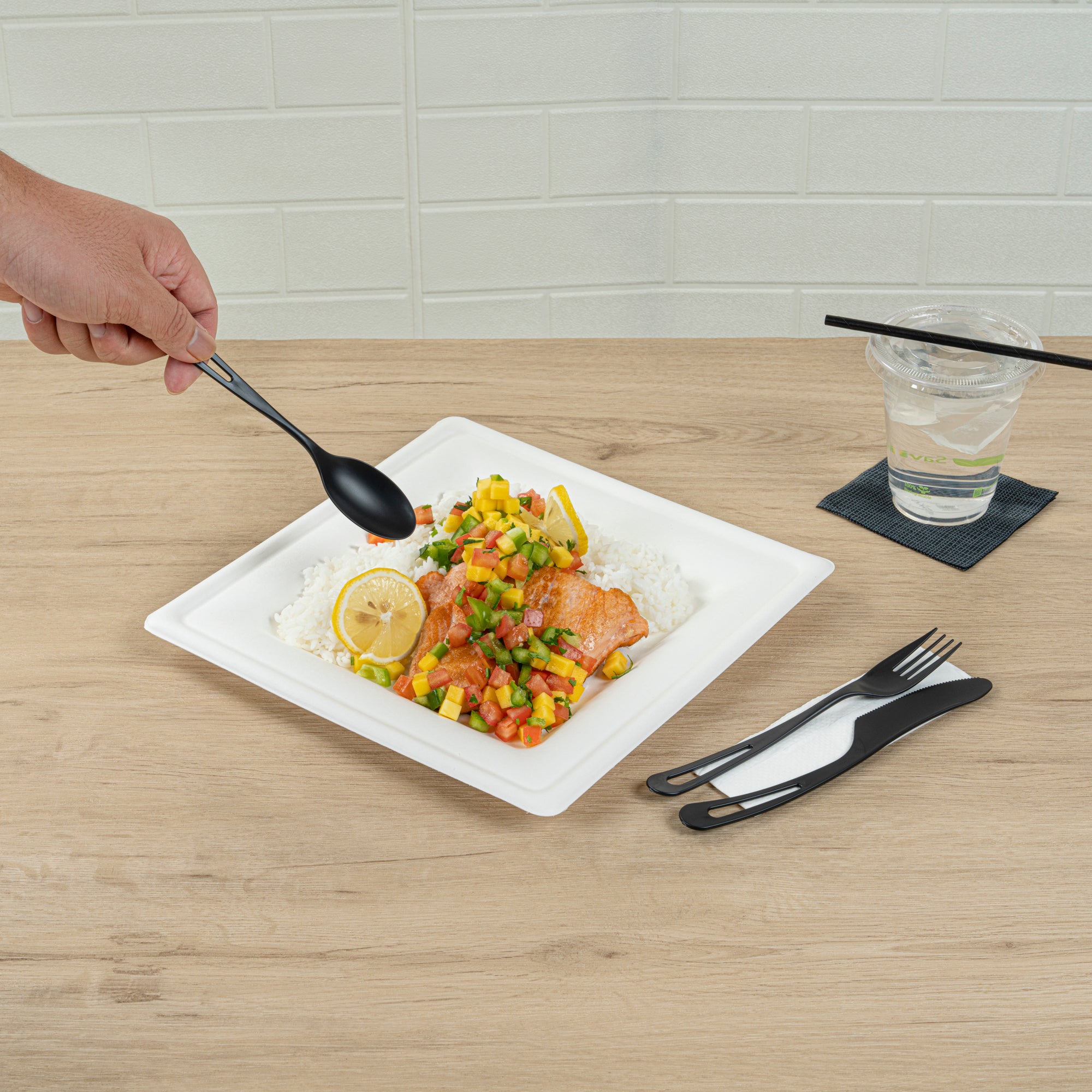 Eco-Friendly Black CPLA Plastic Cutlery Set - 100-Piece Compostable Utensils with Heat-Resistant Forks, Knives & Spoons | Includes Biodegradable Wrapper & White Napkins | Perfect for Parties, Picnics & Takeout Meals