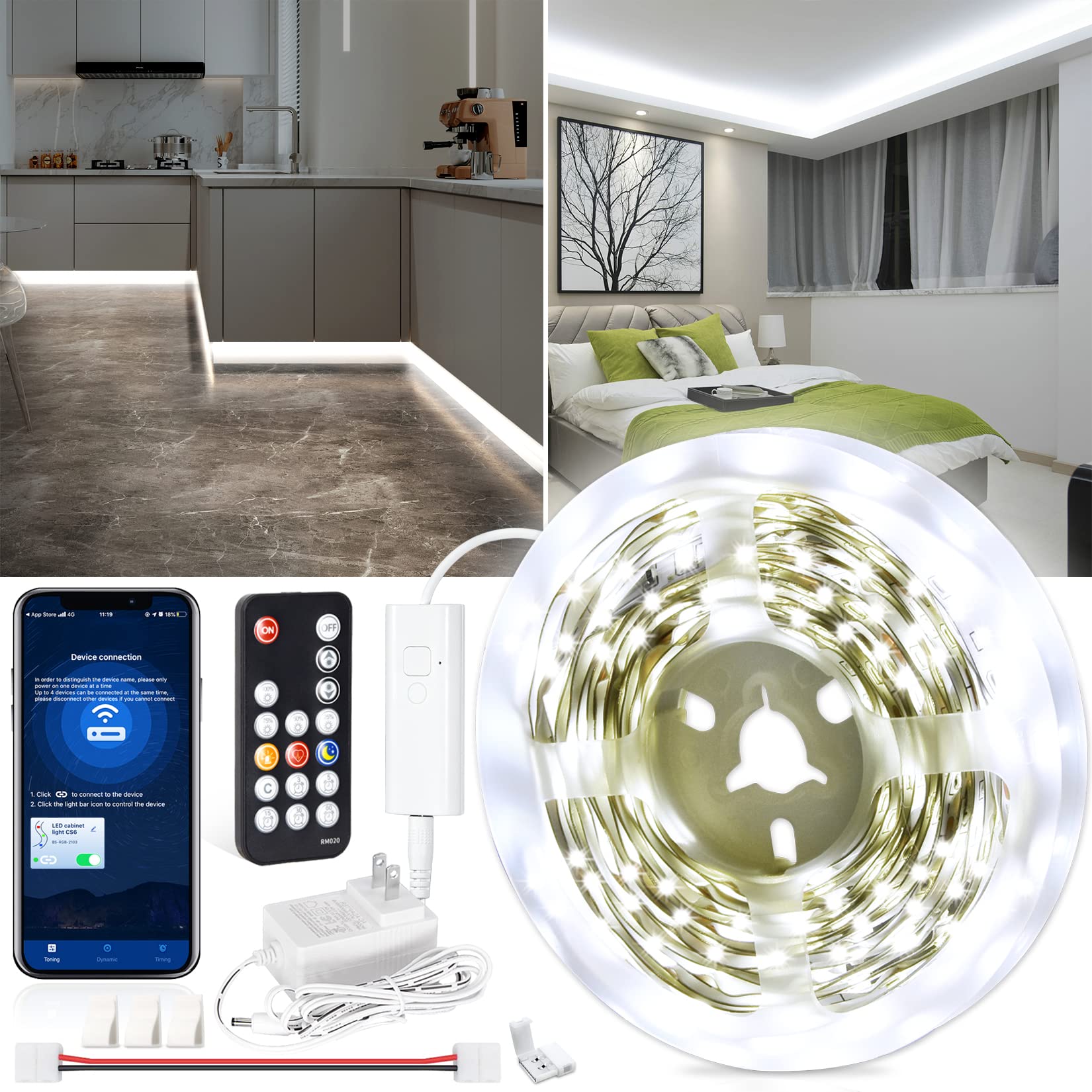 Wobsion 16.4ft White LED Strip Lights with Bluetooth & IR Remote Control - 300 LEDs Dimmable Rope Light, 12V Self-Adhesive Tape Lights (6000K Cool White) - Perfect for Bedroom, Kitchen Cabinet, Mirror, TV Backlight & Party Decor