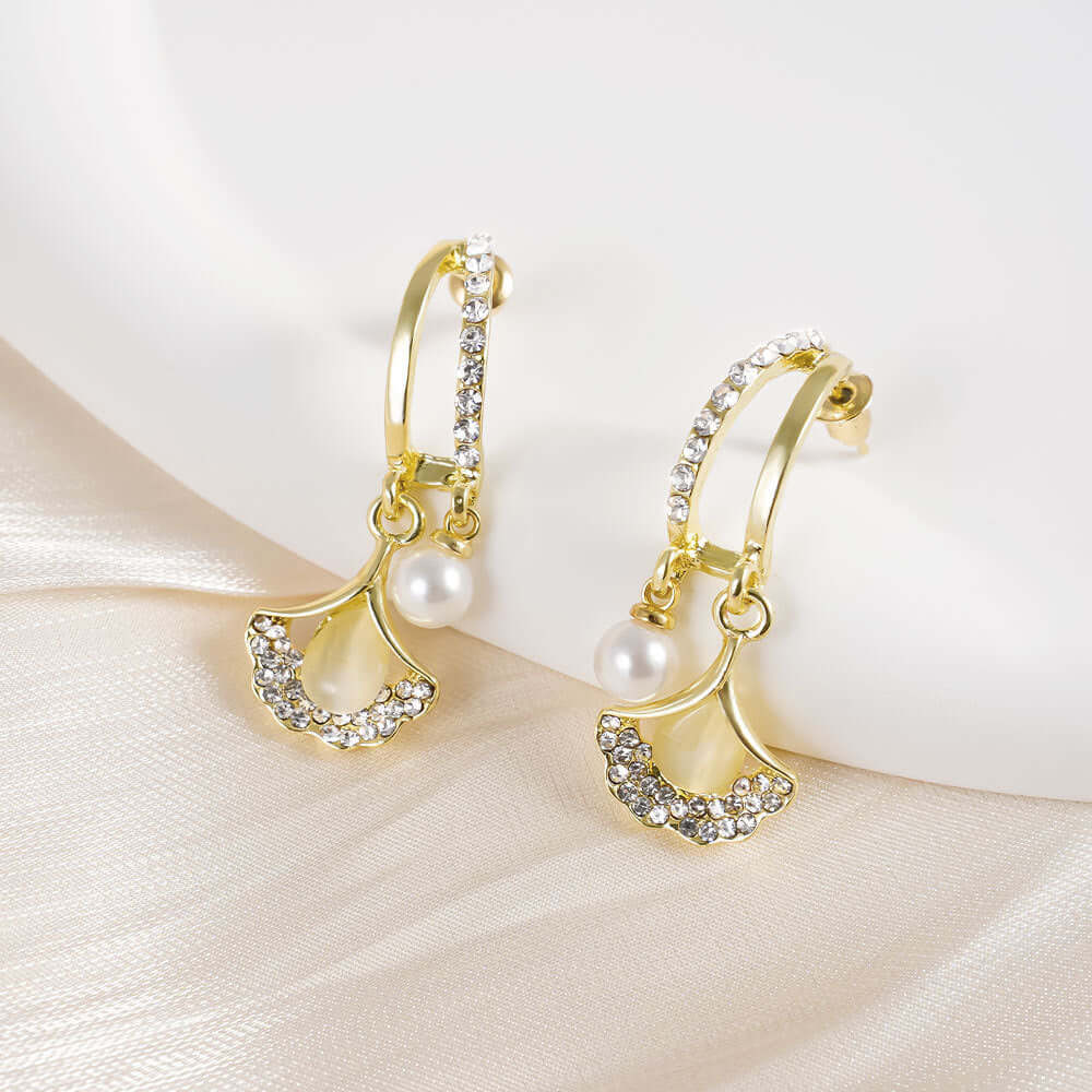 14K Gold Plated Ginkgo Leaf Huggie Earrings with Dangle Pearl Drop | Elegant Pearl Earrings for Women | Perfect for Weddings, Parties & Everyday Wear | A8078