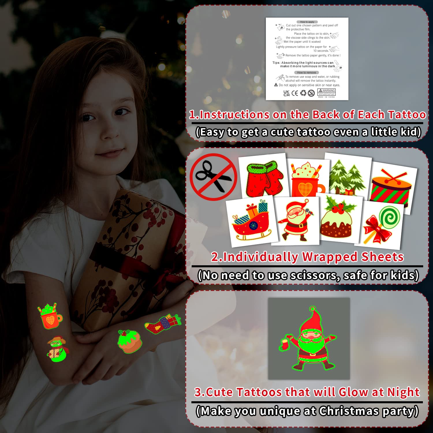 Glow Christmas Tattoos for Kids - 204 PCS Party Favors, Stocking Stuffers & Holiday Decorations for Christmas Parties