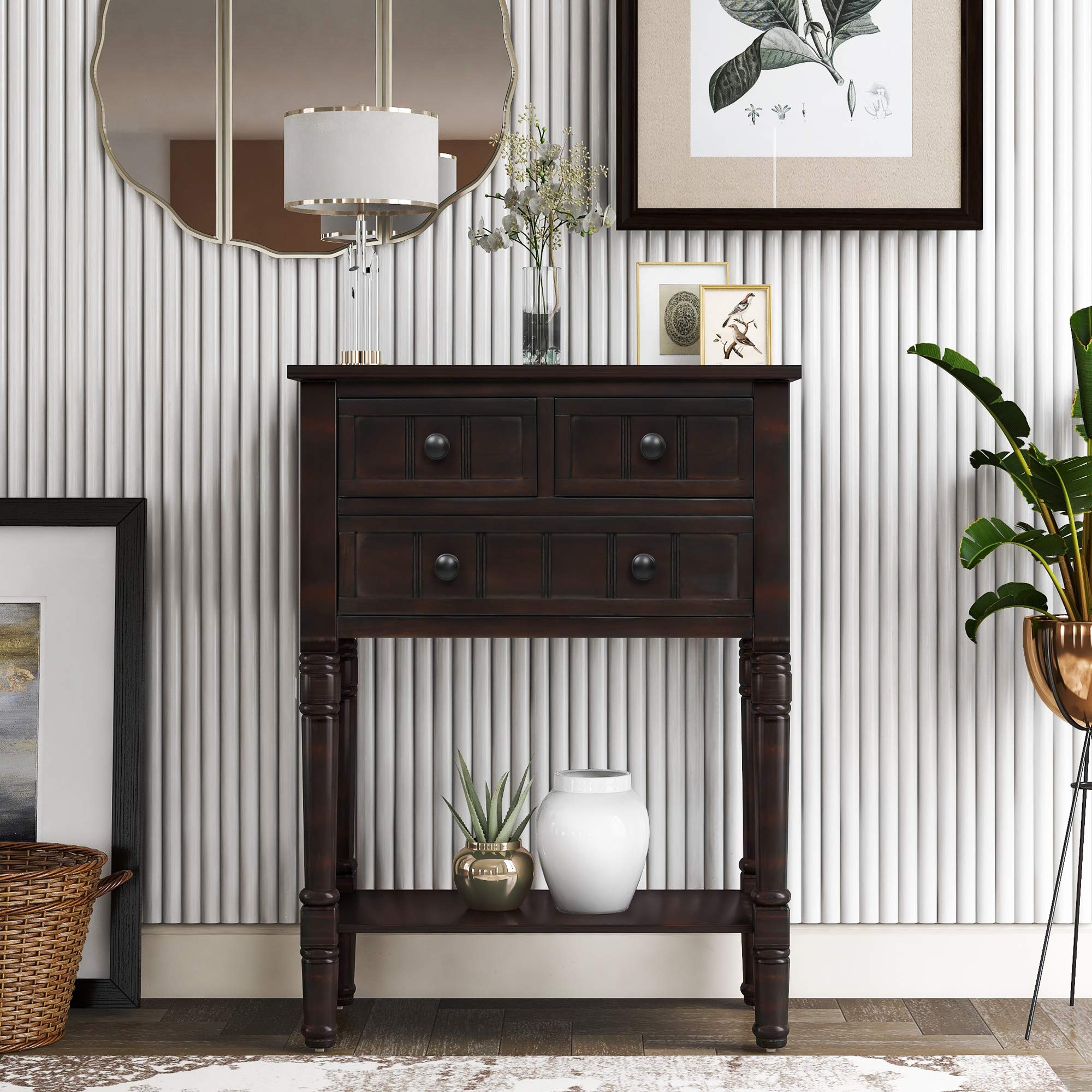 Knocbel Antique Solid Wood Entry Console Table with Drawers & Open Shelf - Slim Sofa Couch Table for Hallway, Living Room & Entryway - Perfect for Home Decor & Small Space Organization (Espresso Finish)