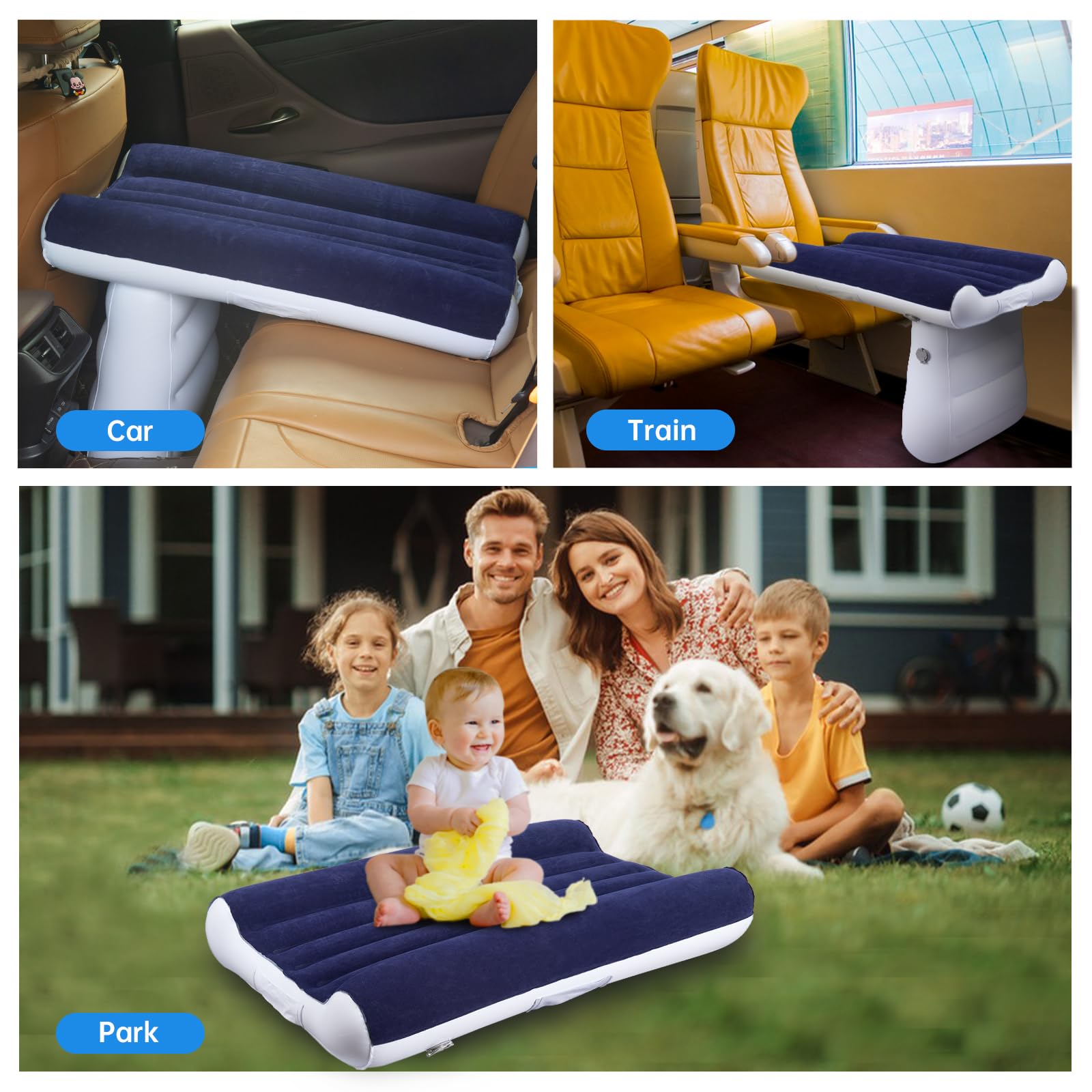 Inflatable Airplane Kids Bed - Toddler Travel Bed with Hand Pump, Seat Belt & Carry Bag | Portable Baby Travel Bed for Airplane, Car & Home | Blue