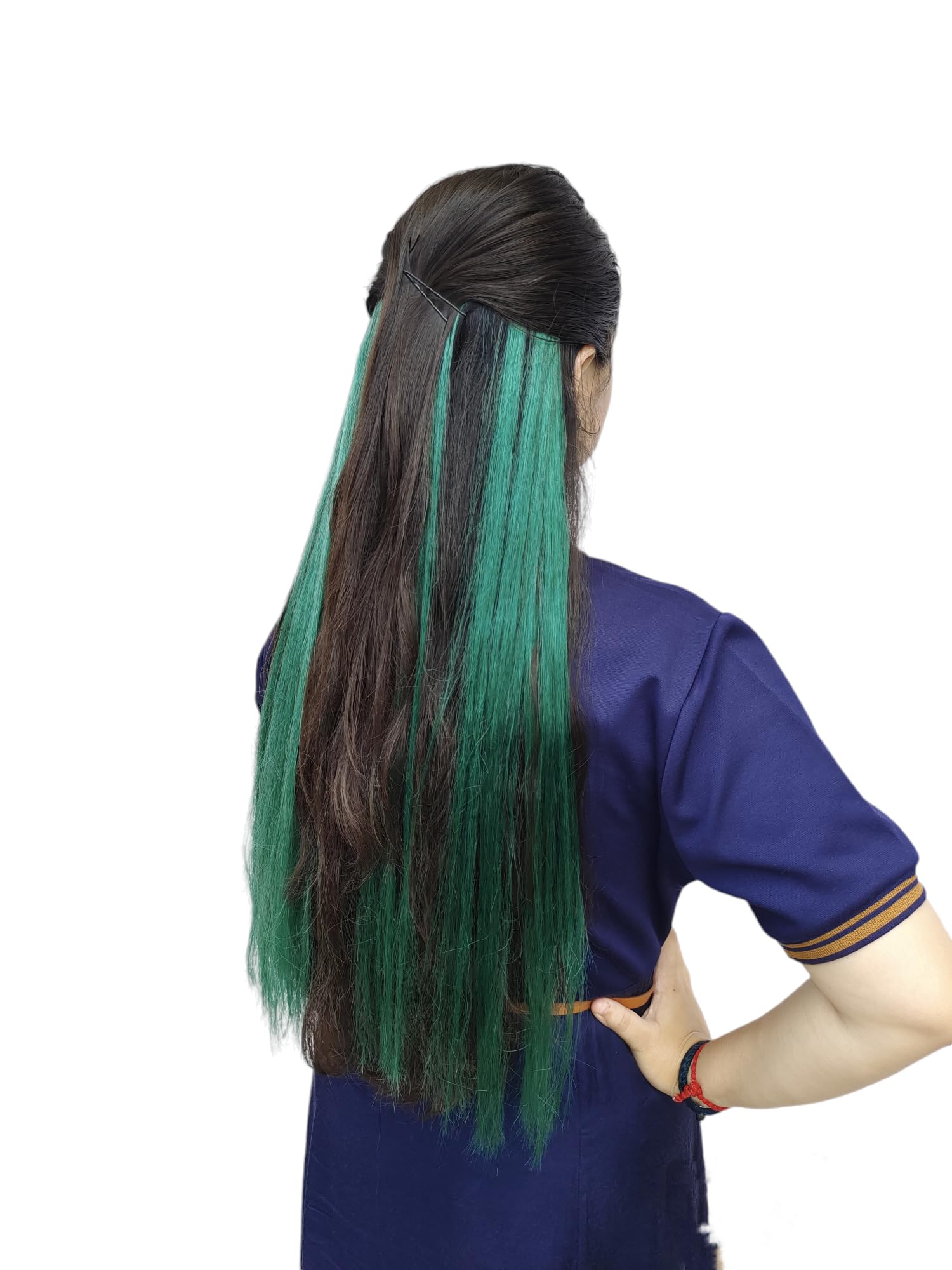 Neaama Clip-In Colored Hair Extensions for Women - 2 Pack Green Straight Synthetic Hair Streaks with Easy Snap Clip for Parties, Cosplay & Halloween Costumes - Fun Hair Highlights for Girls & Teens