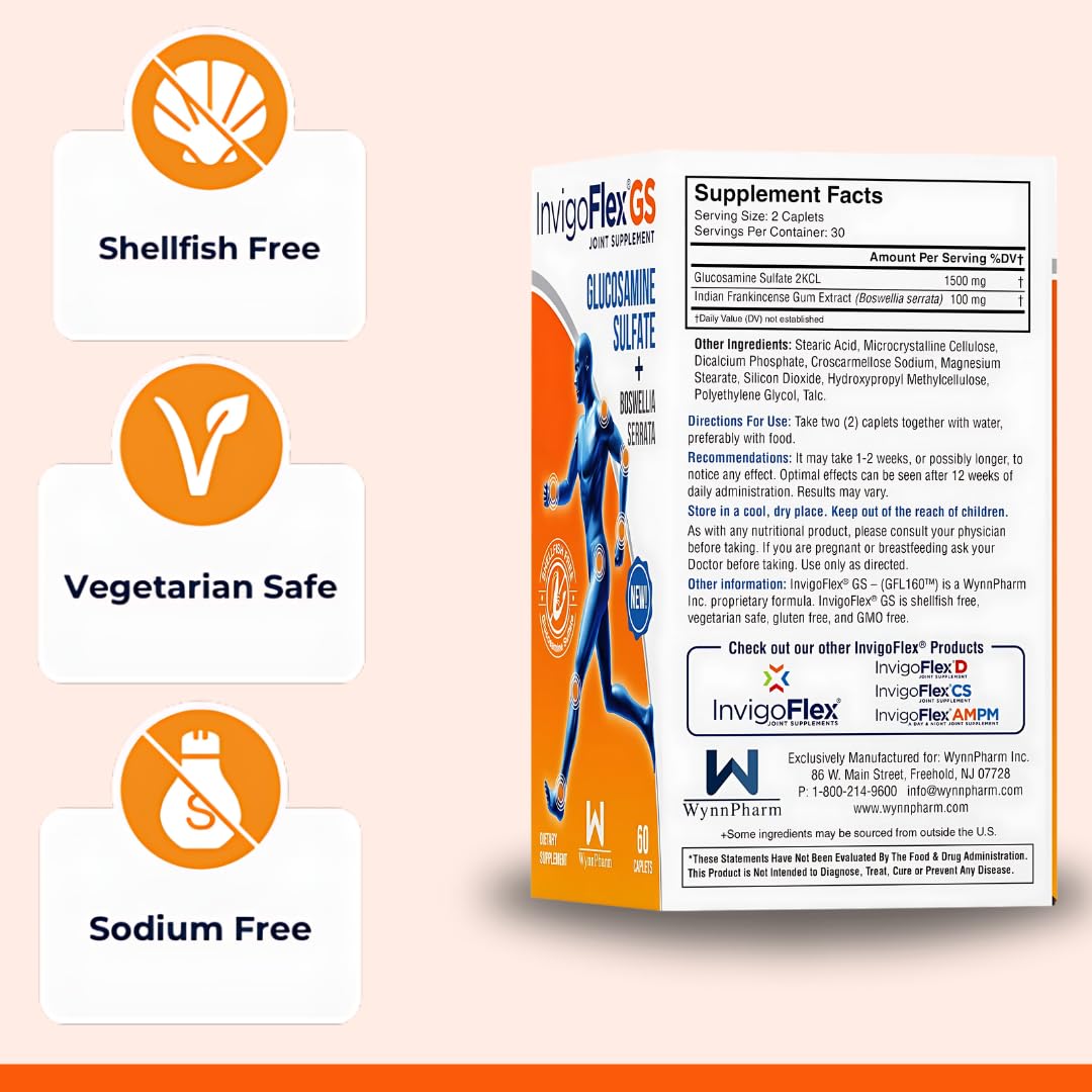 INVIGOFLEX Glucosamine Sulfate Joint Supplement - Shellfish Free, Sodium Free, Vegetarian Safe, Non-GMO, Gluten Free with Boswellia Serrata - Premium Joint Support for Active Adults & Seniors - 2 Pack - Ideal for Post-Workout Recovery & Daily Joint Maintenance