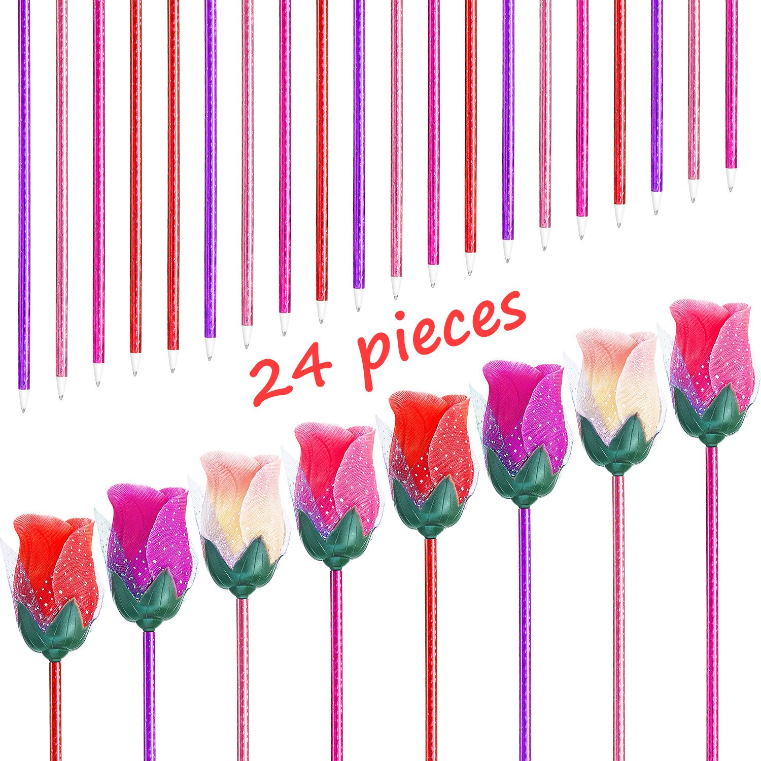 24-Pack Pink Rose Ballpoint Pens - Artificial Flower Writing Pens for Office, School & Gift Giving - Novelty Stationery Supplies for Adults (Random Colors) - Perfect for Valentine's Day, Weddings & Creative Journaling