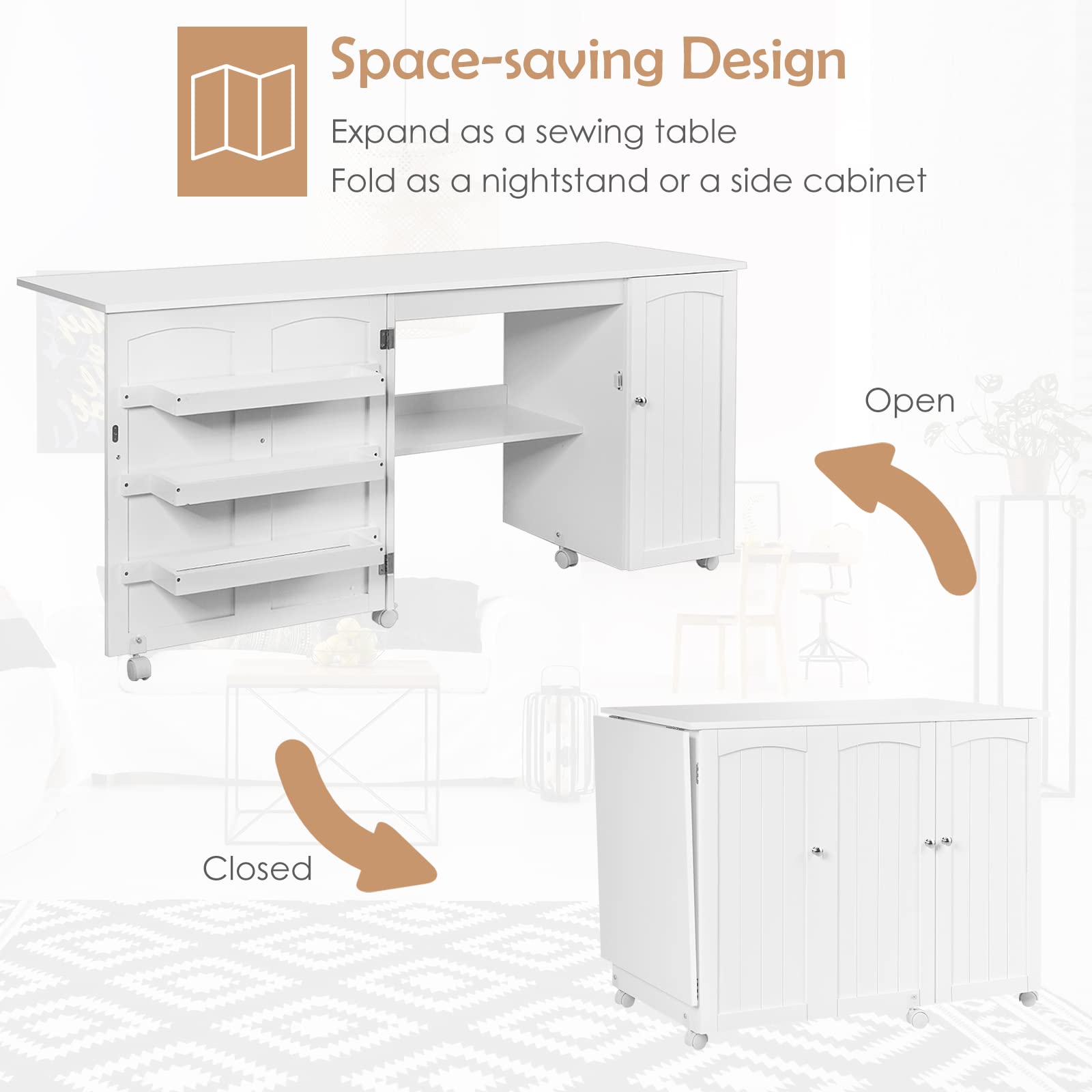 Wooden Folding Sewing Table with Adjustable Storage Shelves & Lockable Casters - Portable Rolling Sewing Cabinet Desk for Small Spaces, Craft Room & Quilting Studio (White) | Perfect for Sewing Projects, DIY Crafts & Home Organization