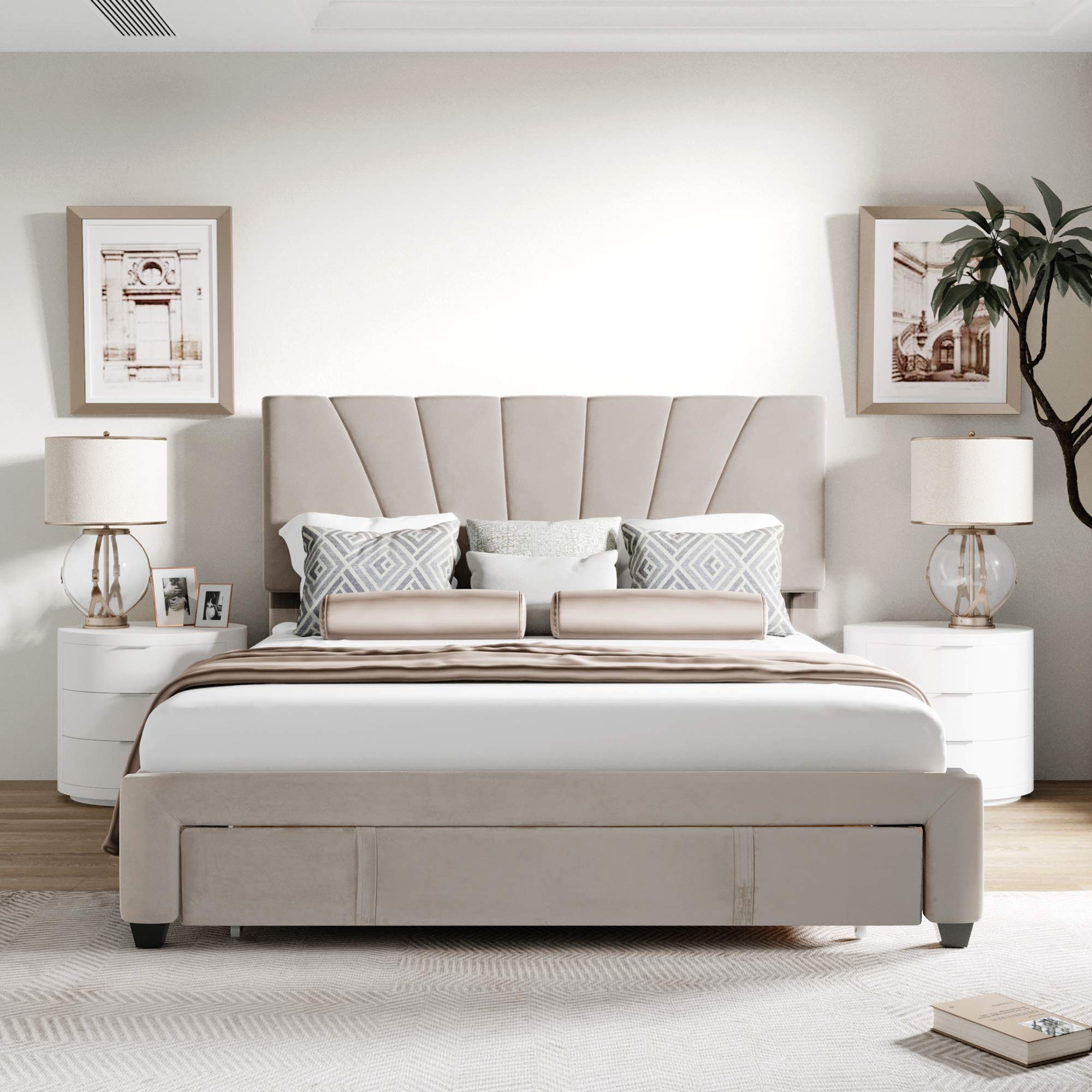 Elegant Queen Platform Bed with Storage - Velvet Headboard & Wood Slats for Bedroom (Beige)