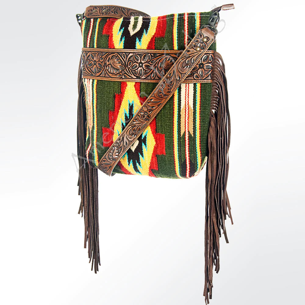 Handcrafted Green Aztec Leather Crossbody Bag for Women - Boho Chic Tribal Purse with Tooled Detailing | Perfect for Festivals, Travel & Everyday Use