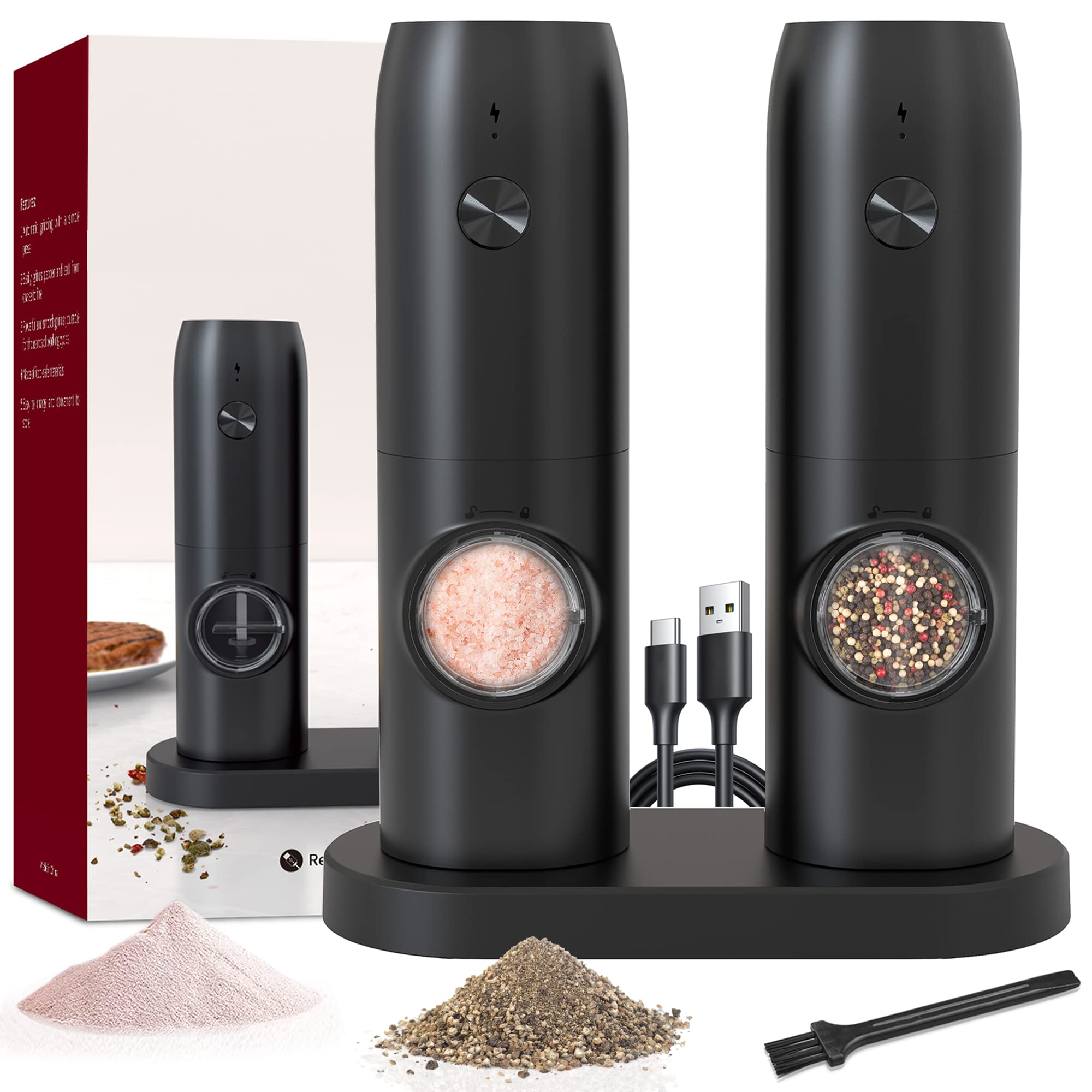 Premium Electric Salt and Pepper Grinder Set - USB Rechargeable Automatic Mill with Adjustable Coarseness & One-Hand Operation | Ceramic Burr Refillable Spice Grinder with LED Light & Charging Base | Perfect for Kitchen, Dining Table & Outdoor BBQ