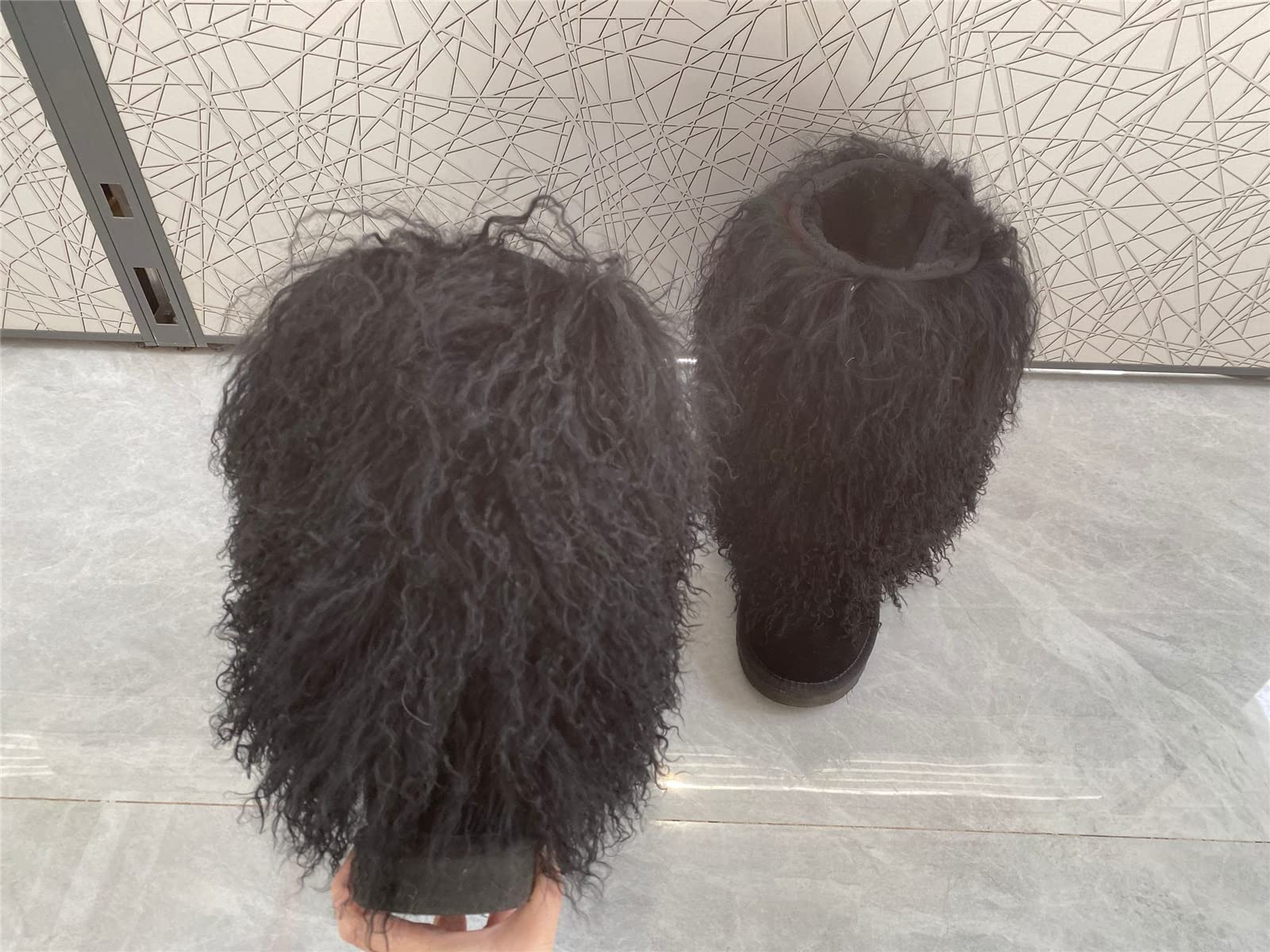 **Genuine Mongolian Lamb Fur Snow Boots for Women - Winter Warm Fuzzy Booties with Tibetan Sheep Fur Lining - Waterproof Mid Calf Yeti Boots for Outdoor & Indoor Use - Perfect for Snowy Days, Casual Wear & Fashion (Size 10, Black)**